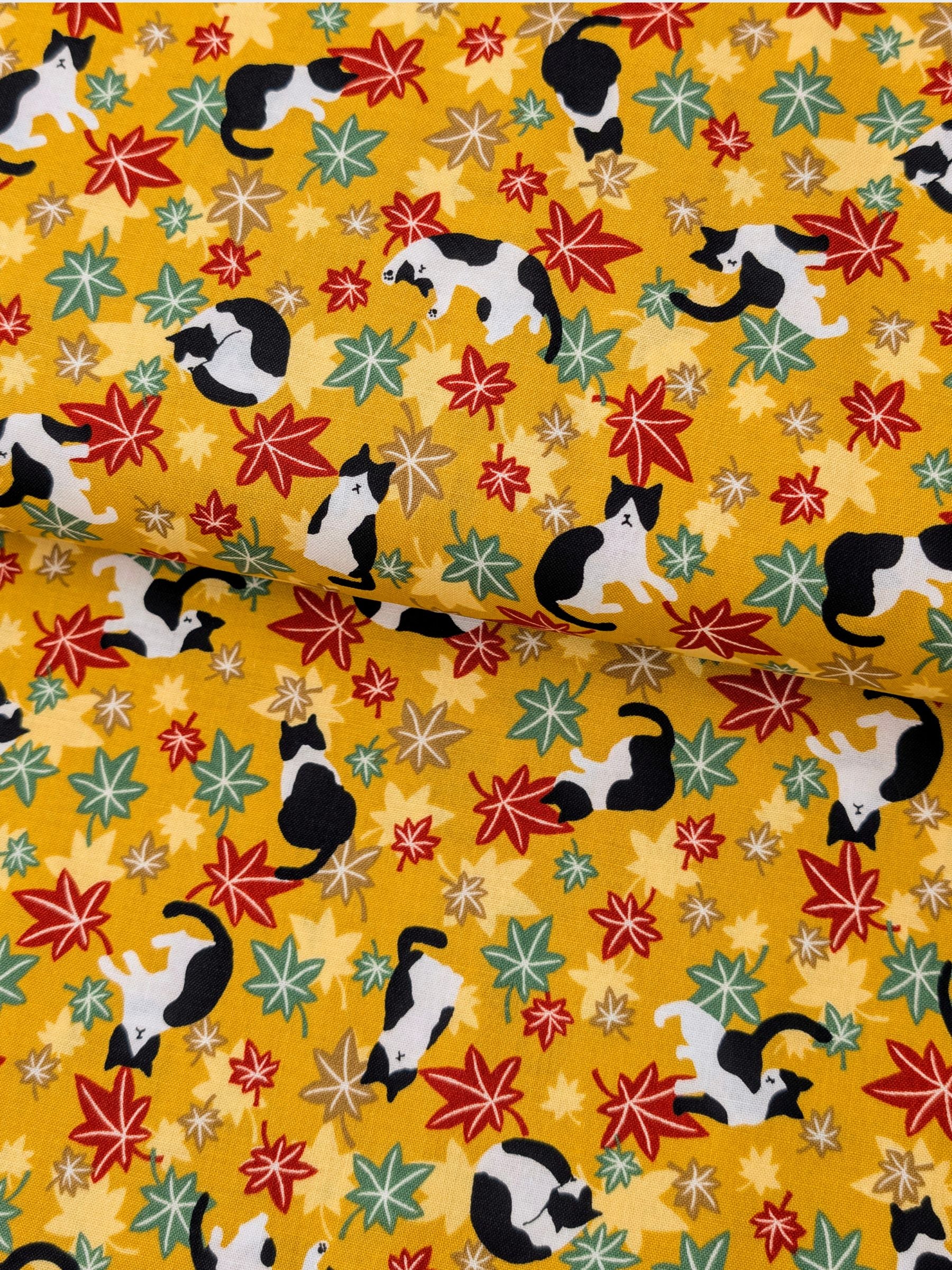 Cosmo - Maple Leaves & Cats Cotton Sheeting Fabric - Mustard Yellow