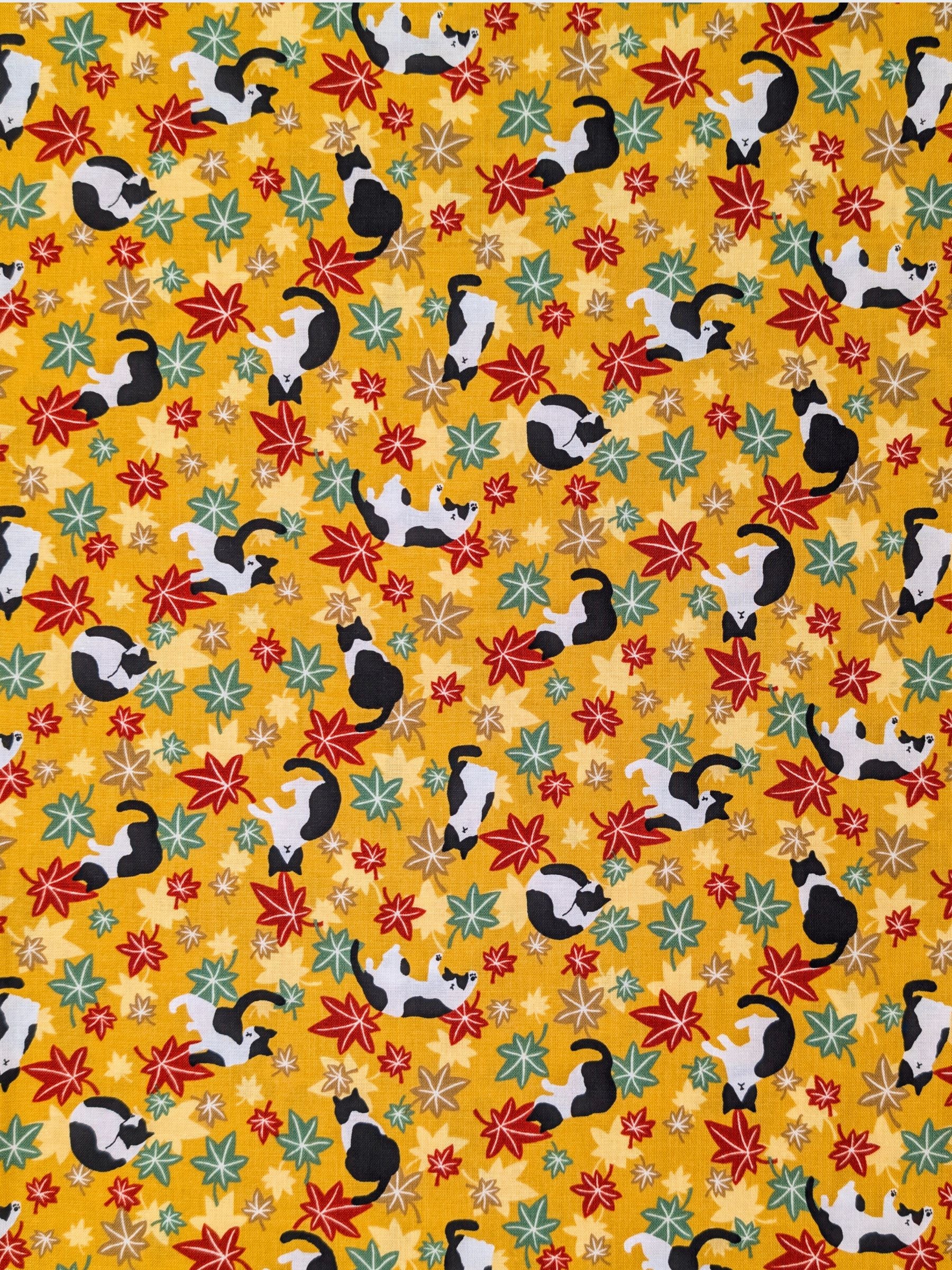 Cosmo - Maple Leaves & Cats Cotton Sheeting Fabric - Mustard Yellow