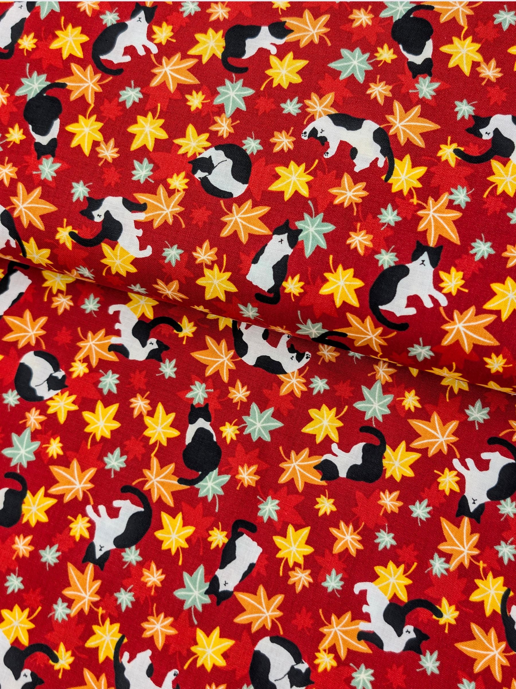 Cosmo - Maple Leaves & Cats Cotton Sheeting Fabric - Red