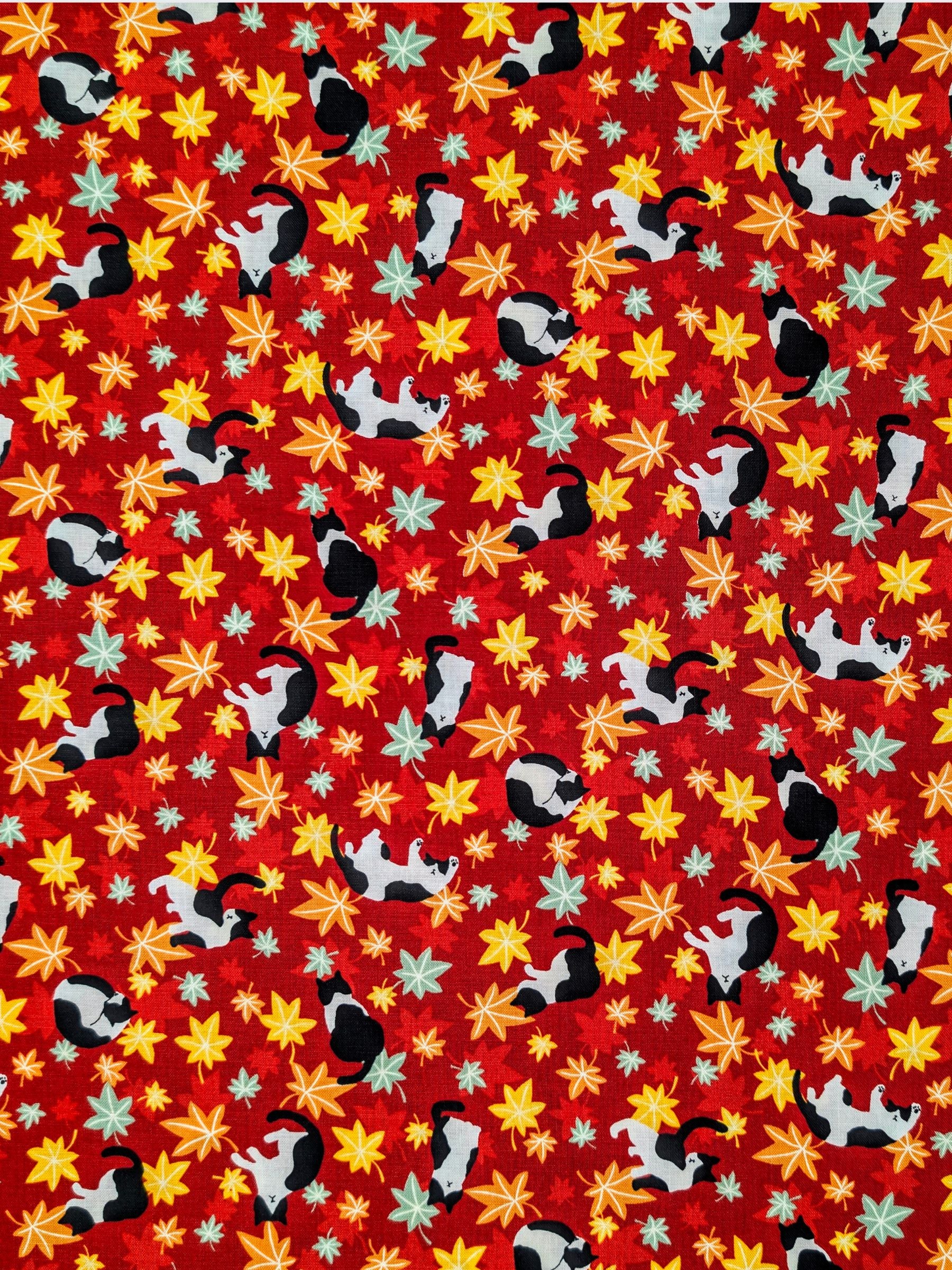 Cosmo - Maple Leaves & Cats Cotton Sheeting Fabric - Red