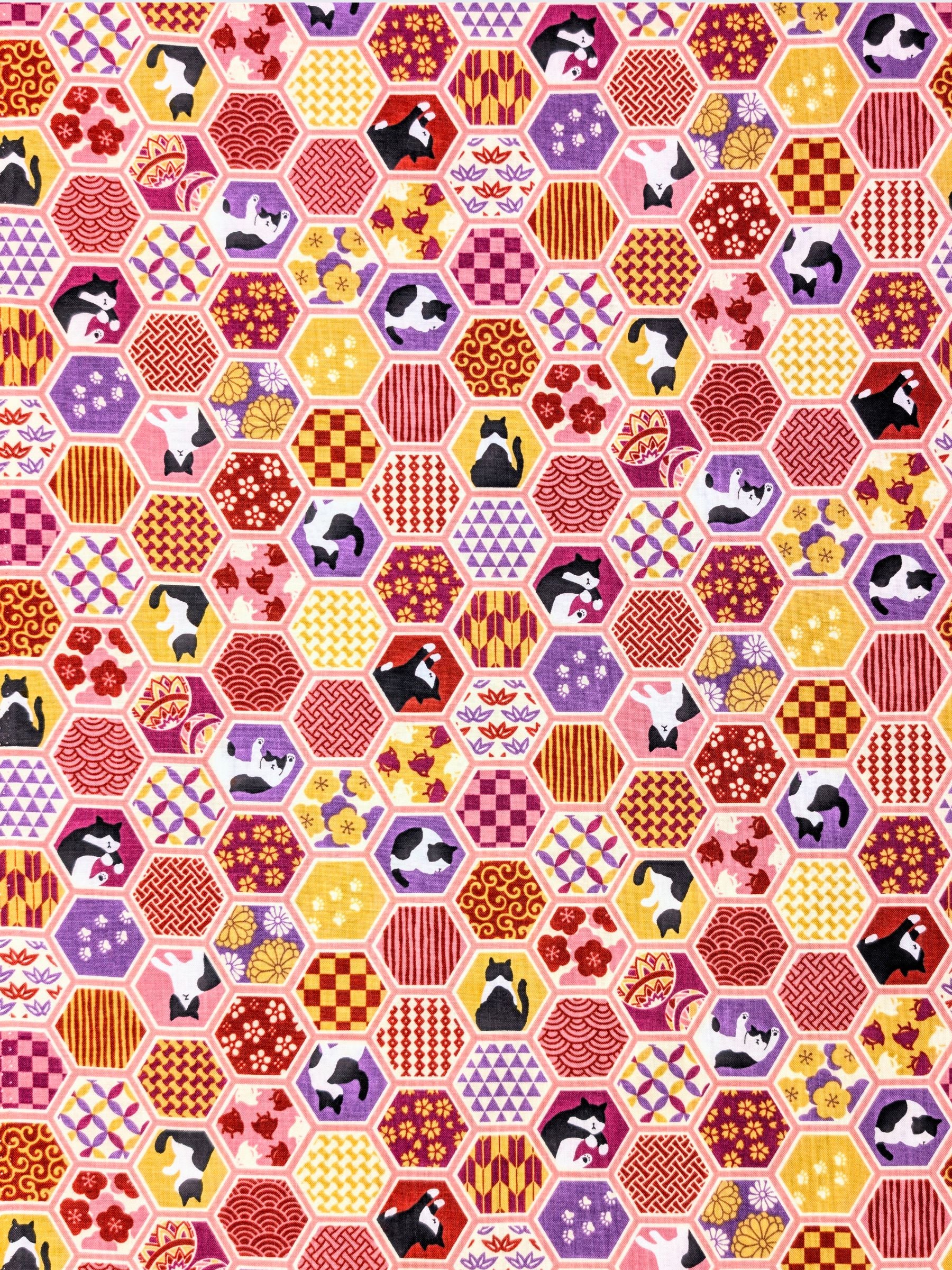 Cosmo - Hexigon Boro Cats Cotton Sheeting Fabric - Pink
