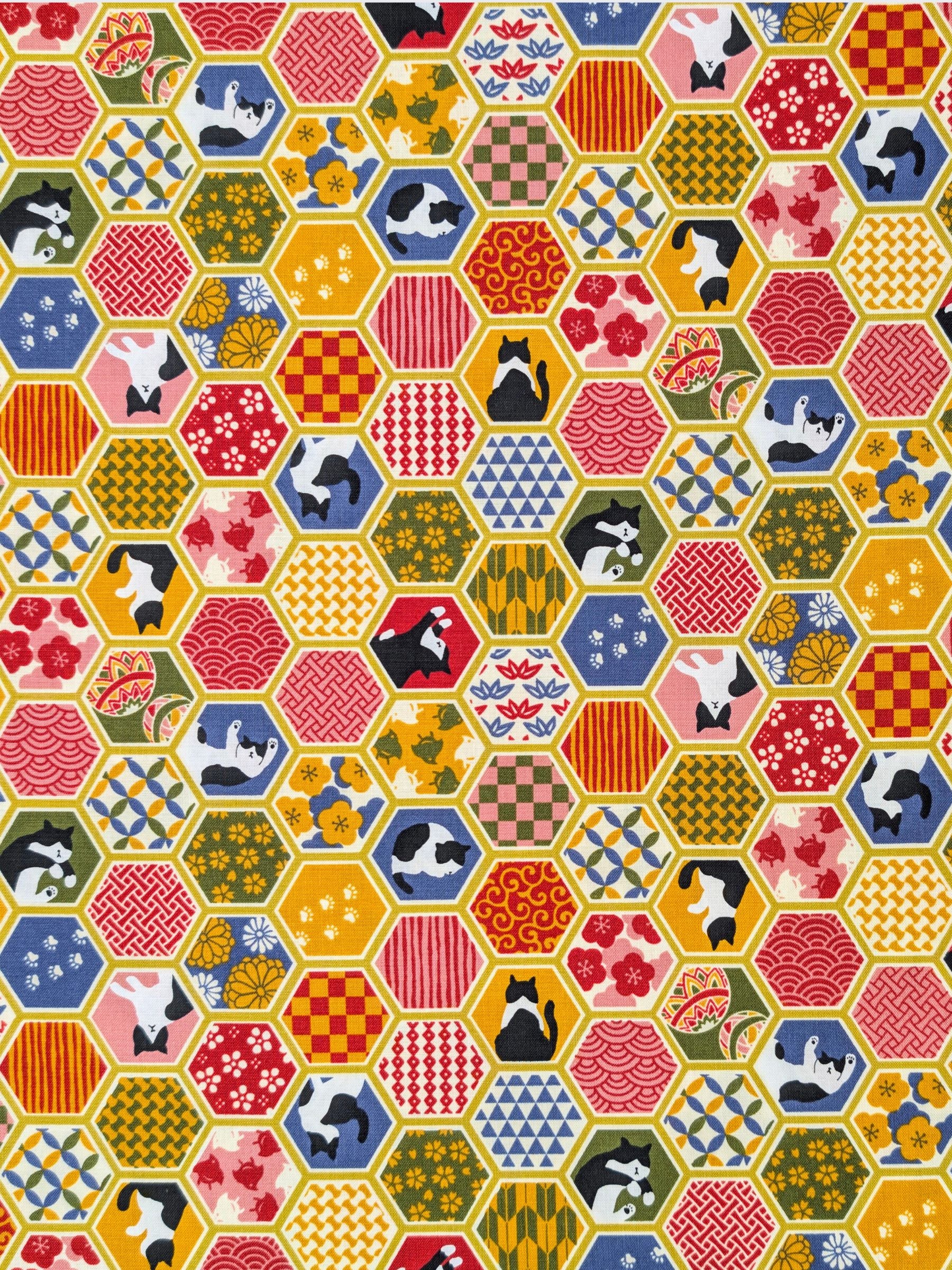 Cosmo - Hexigon Boro Cats Cotton Sheeting Fabric - Orange