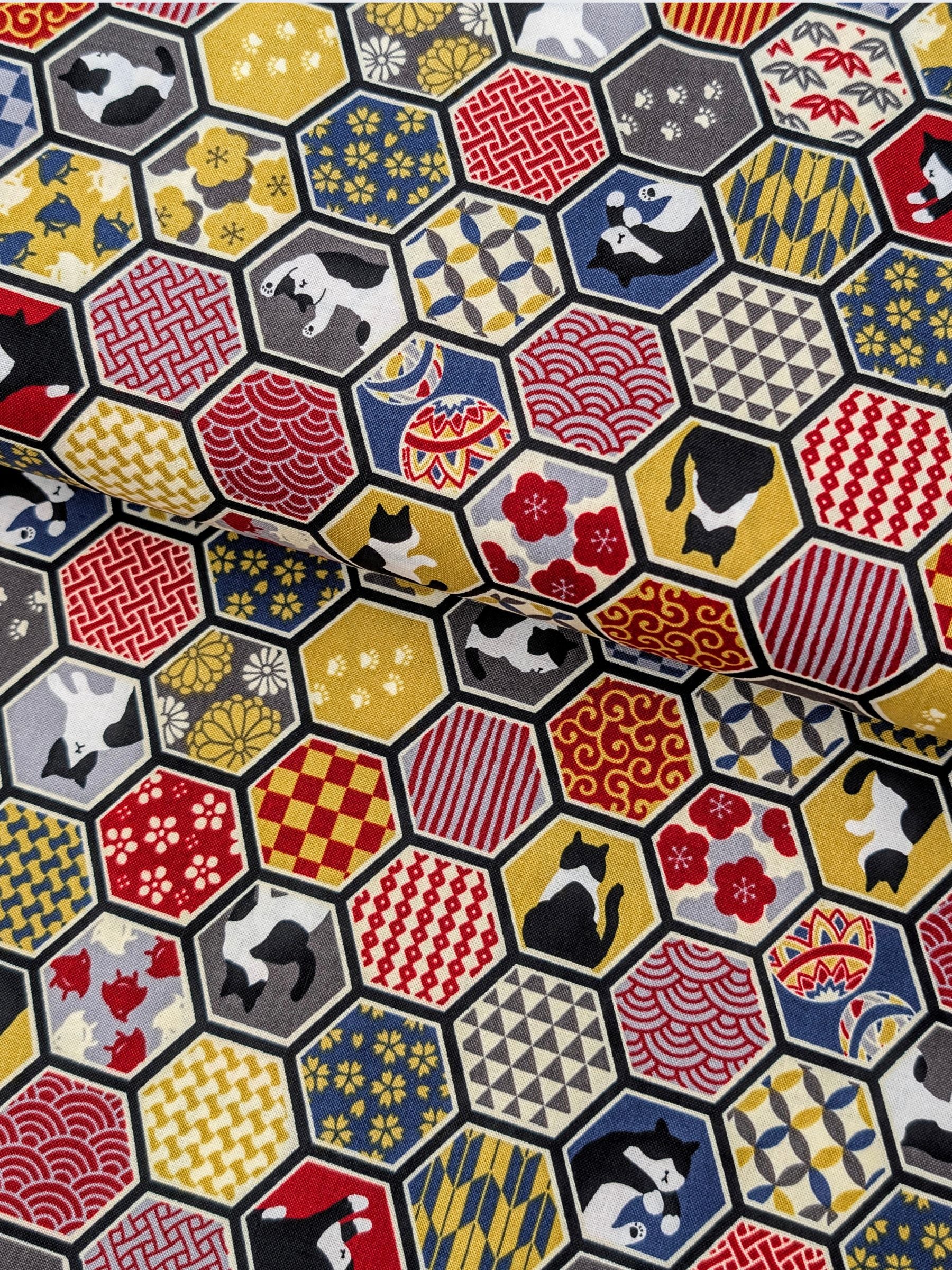 Cosmo - Hexigon Boro Cats Cotton Sheeting Fabric - Gray