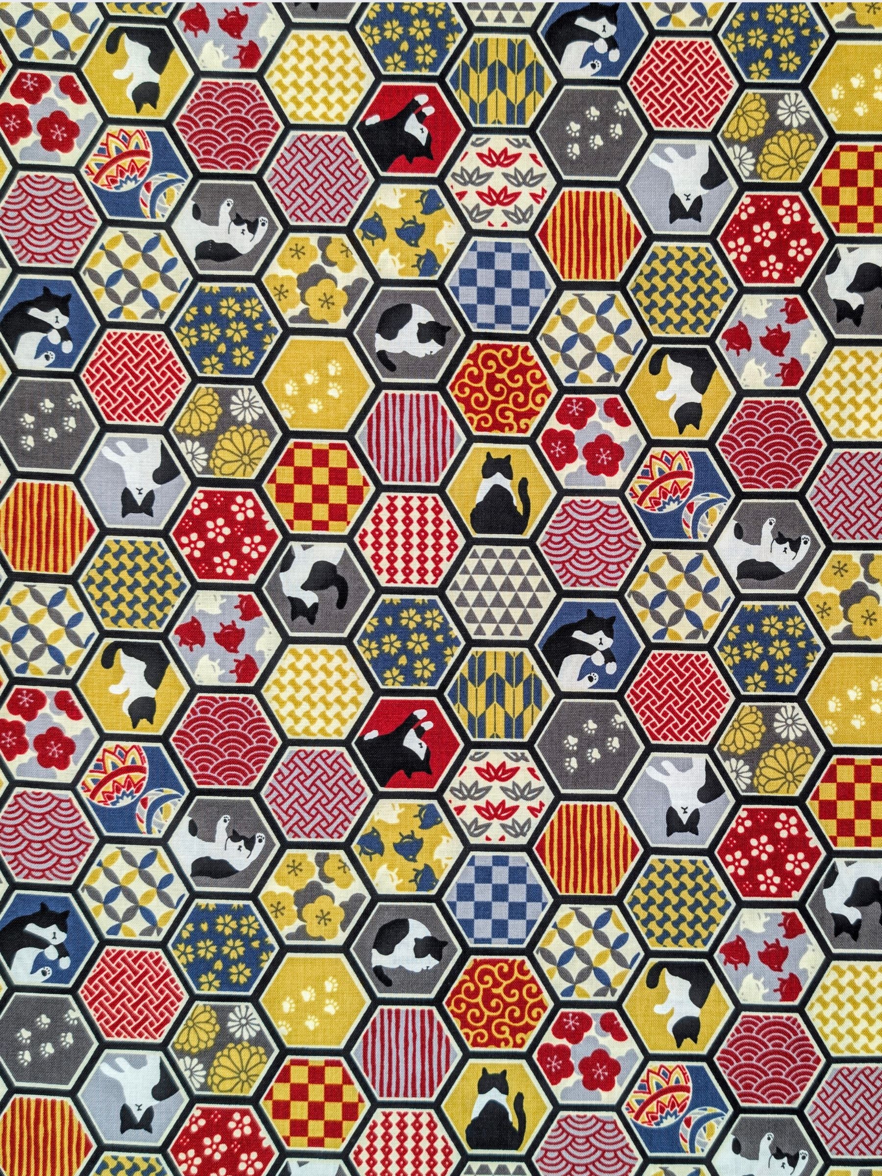 Cosmo - Hexigon Boro Cats Cotton Sheeting Fabric - Gray