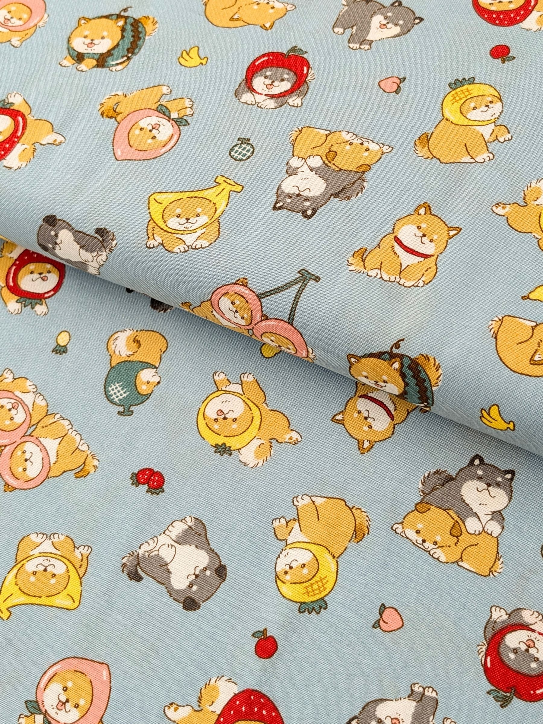 Cosmo - Fruity Shibas Cotton Sheeting Fabric - Light Blue