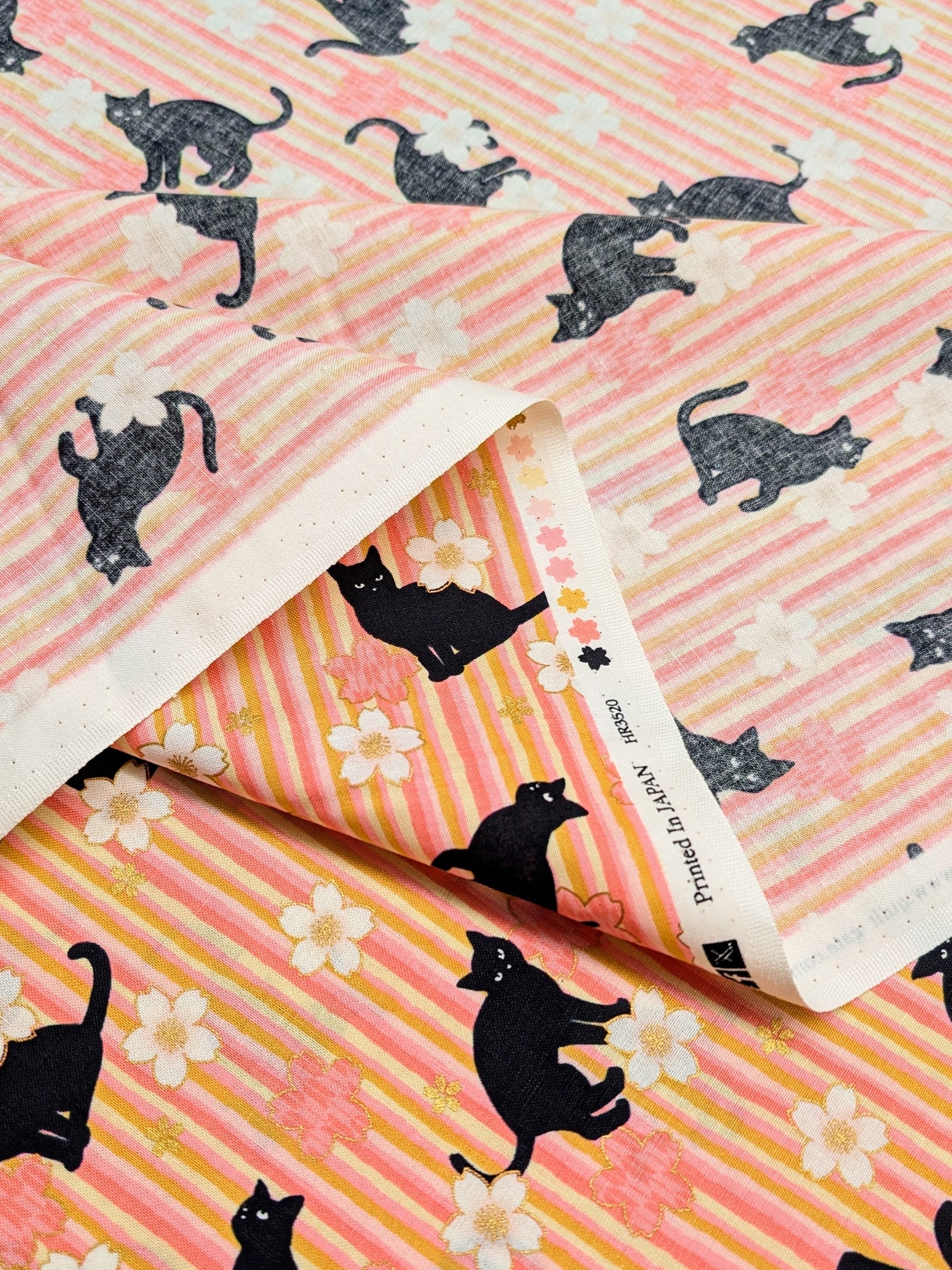 QuiltGate - Golden Cat Stripes and Cherry Blossoms Cotton Fabric - Pink