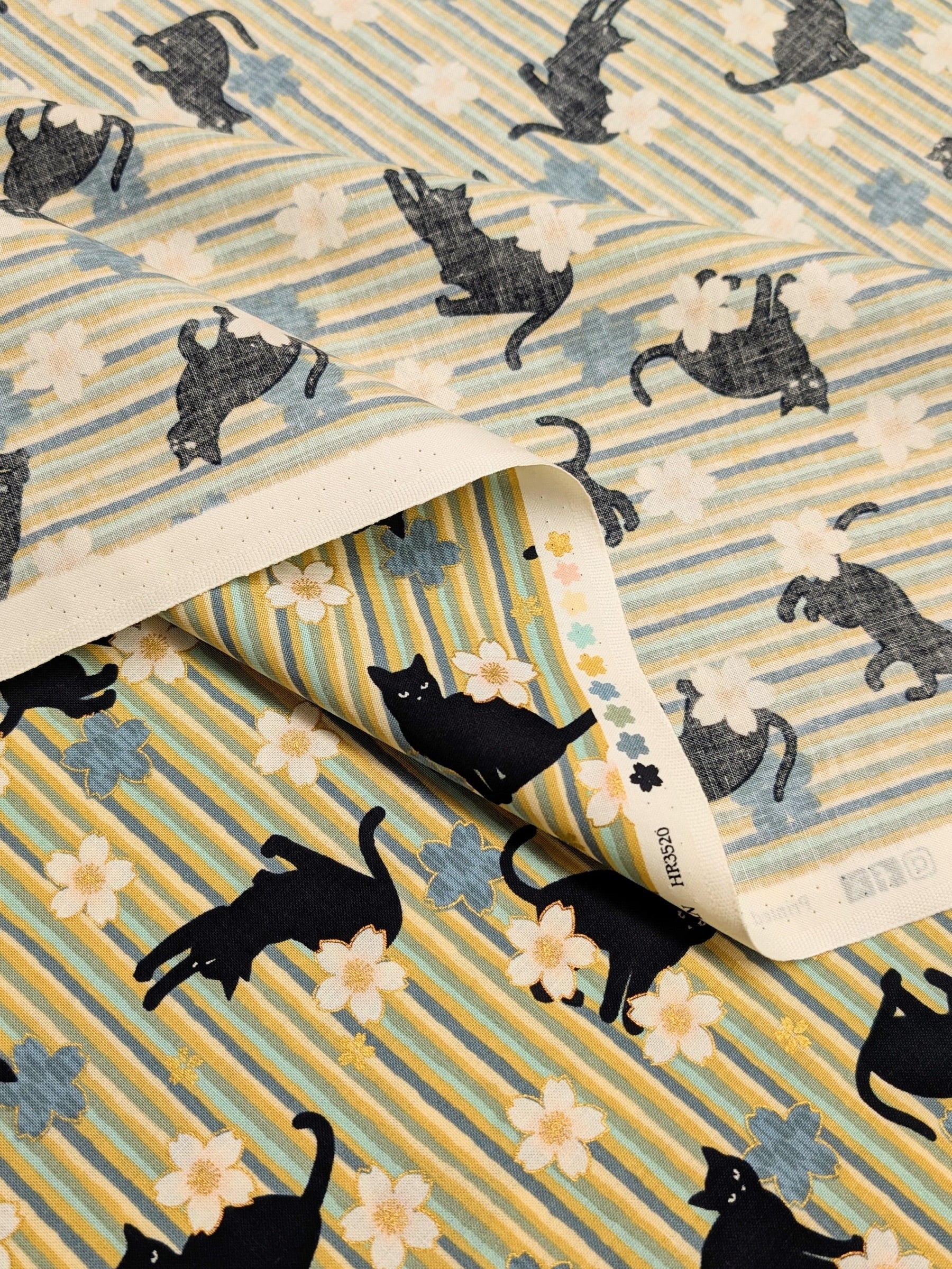 QuiltGate - Golden Cat Stripes and Cherry Blossoms Cotton Fabric - Green