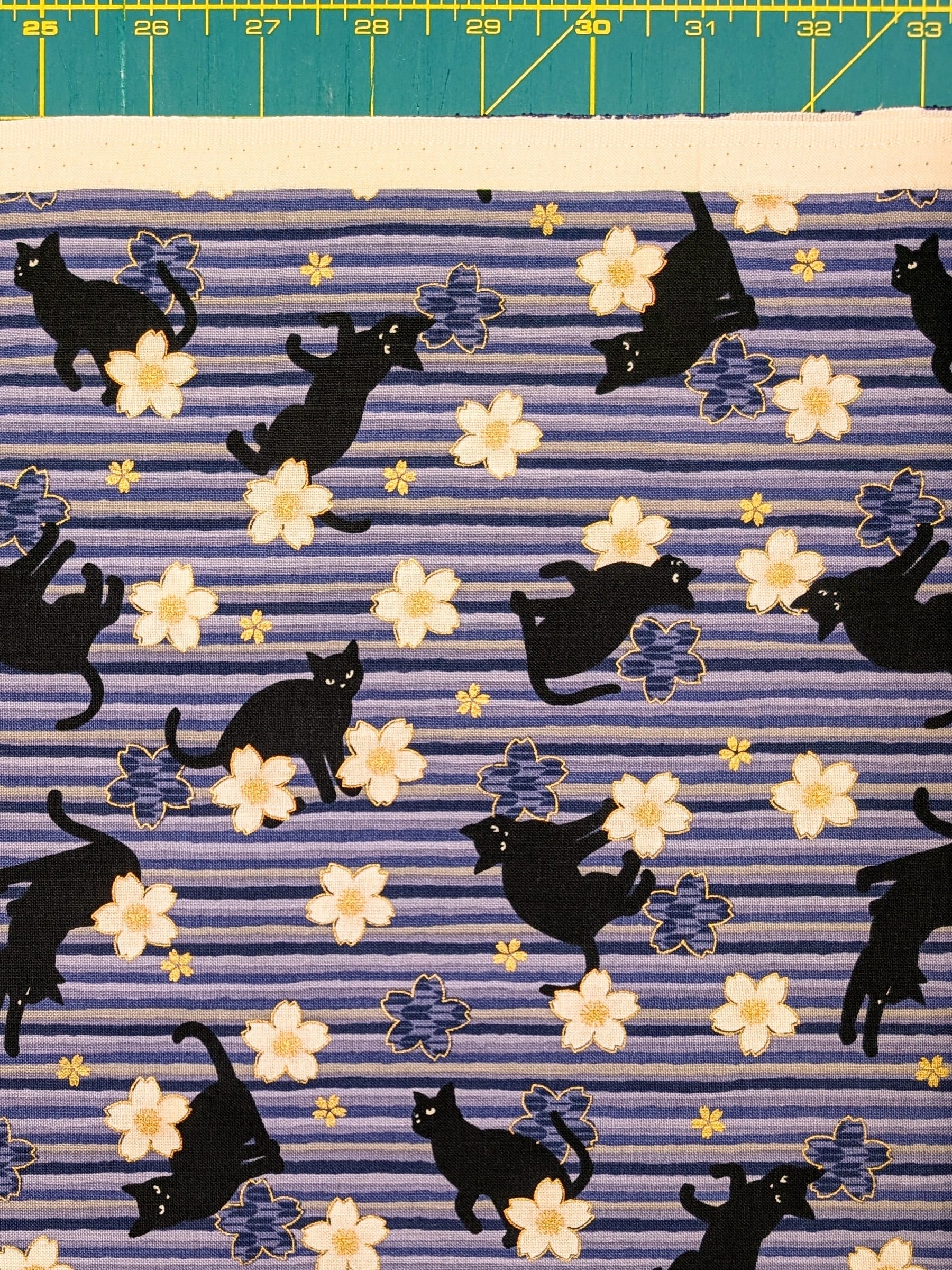 QuiltGate - Golden Cat Stripes and Cherry Blossoms Cotton Fabric - Purple