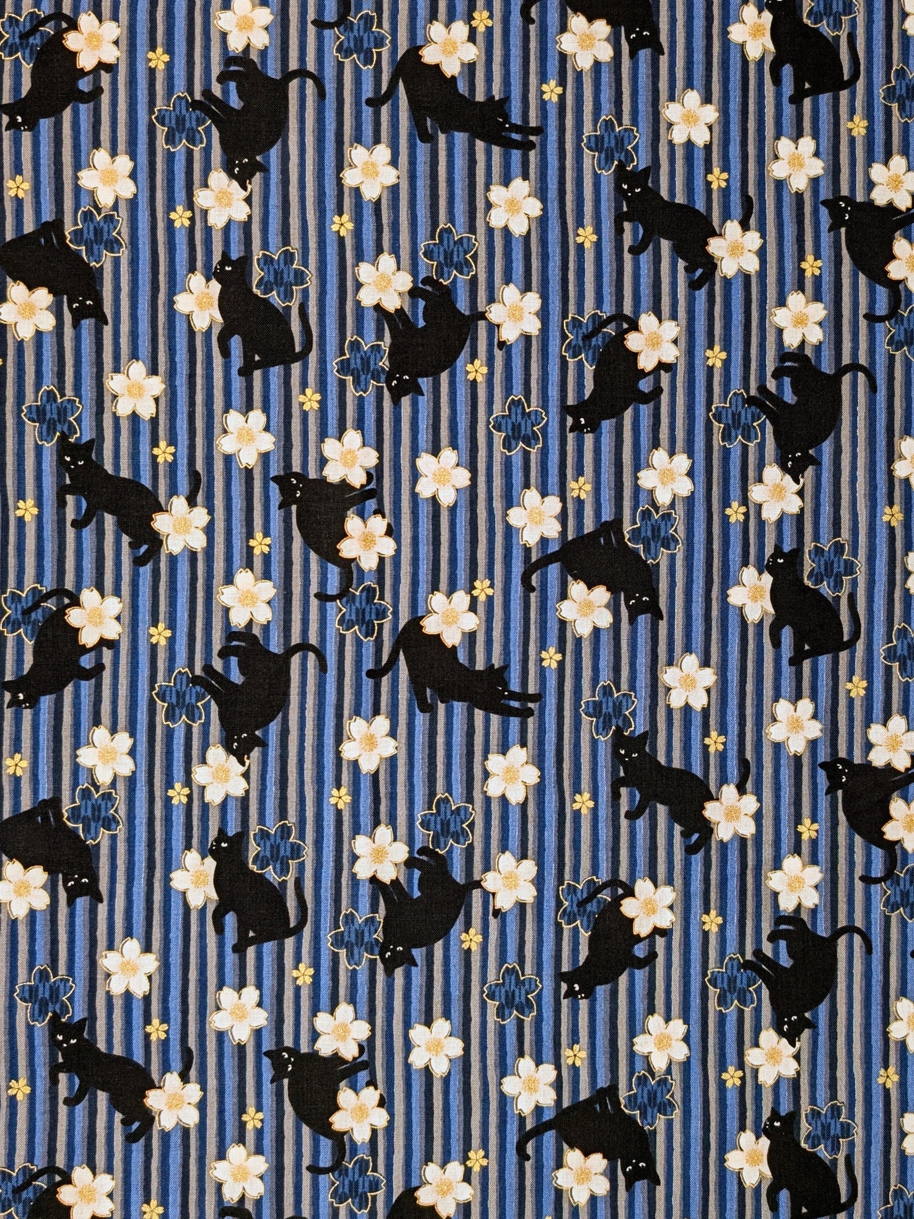 QuiltGate - Golden Cat Stripes and Cherry Blossoms Cotton Fabric - Blue