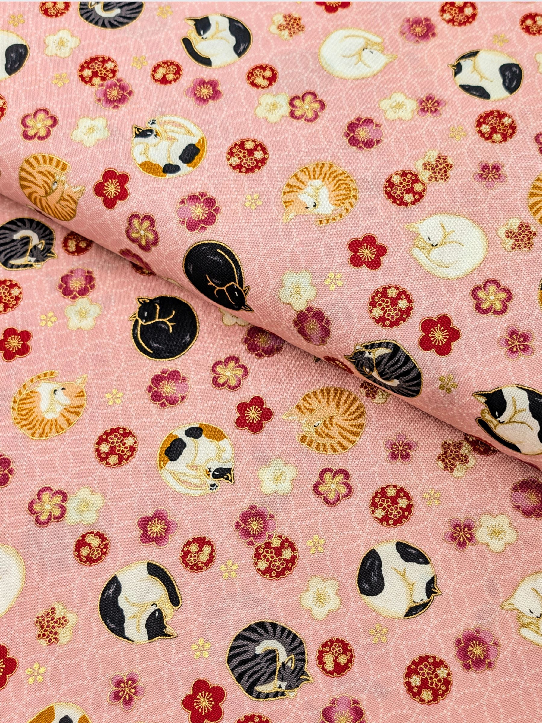 Quilt Gate - Napping Cats & Blossoms Cotton Sheeting Fabric - Pink