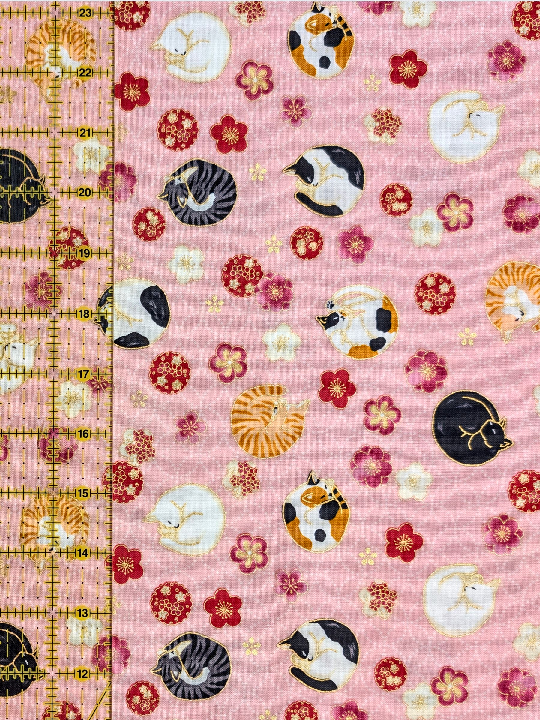 Quilt Gate - Napping Cats & Blossoms Cotton Sheeting Fabric - Pink
