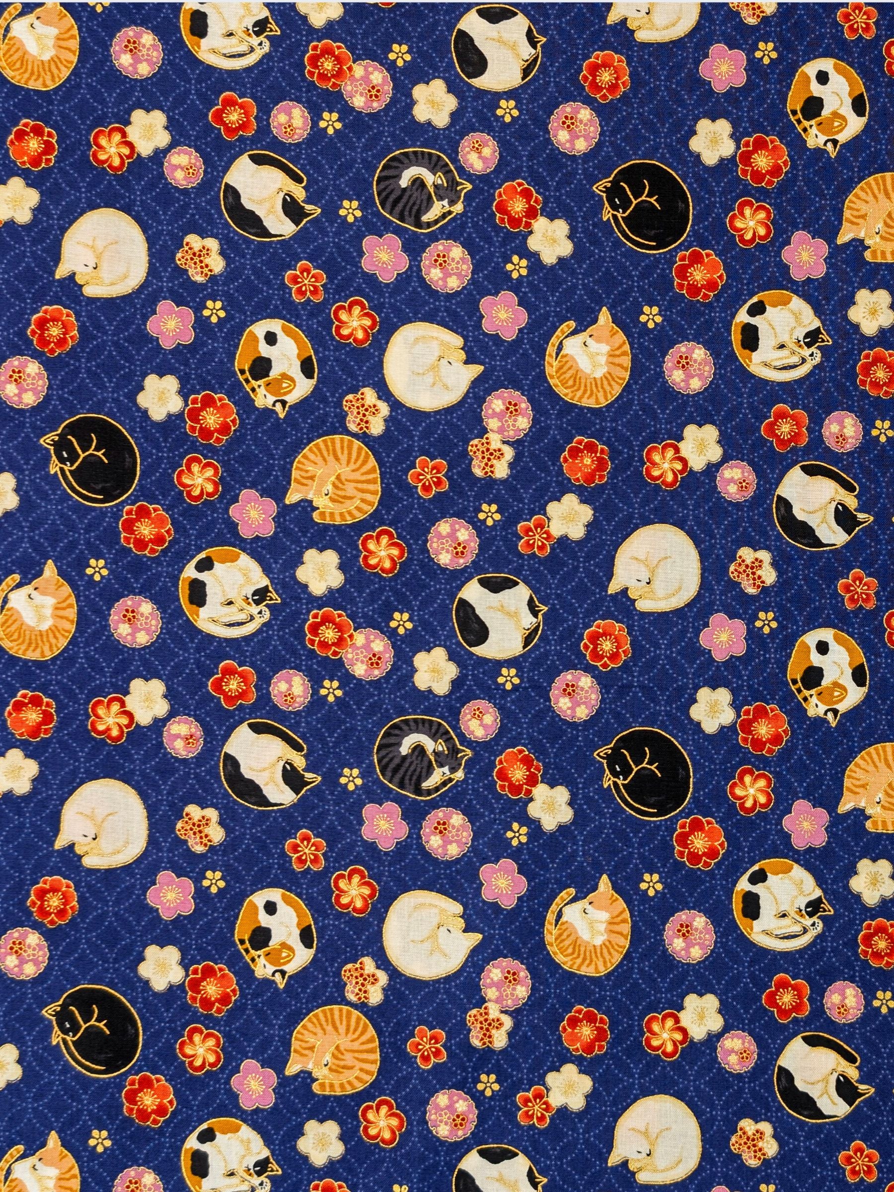 Quilt Gate - Napping Cats & Blossoms Cotton Sheeting Fabric - Navy Blue