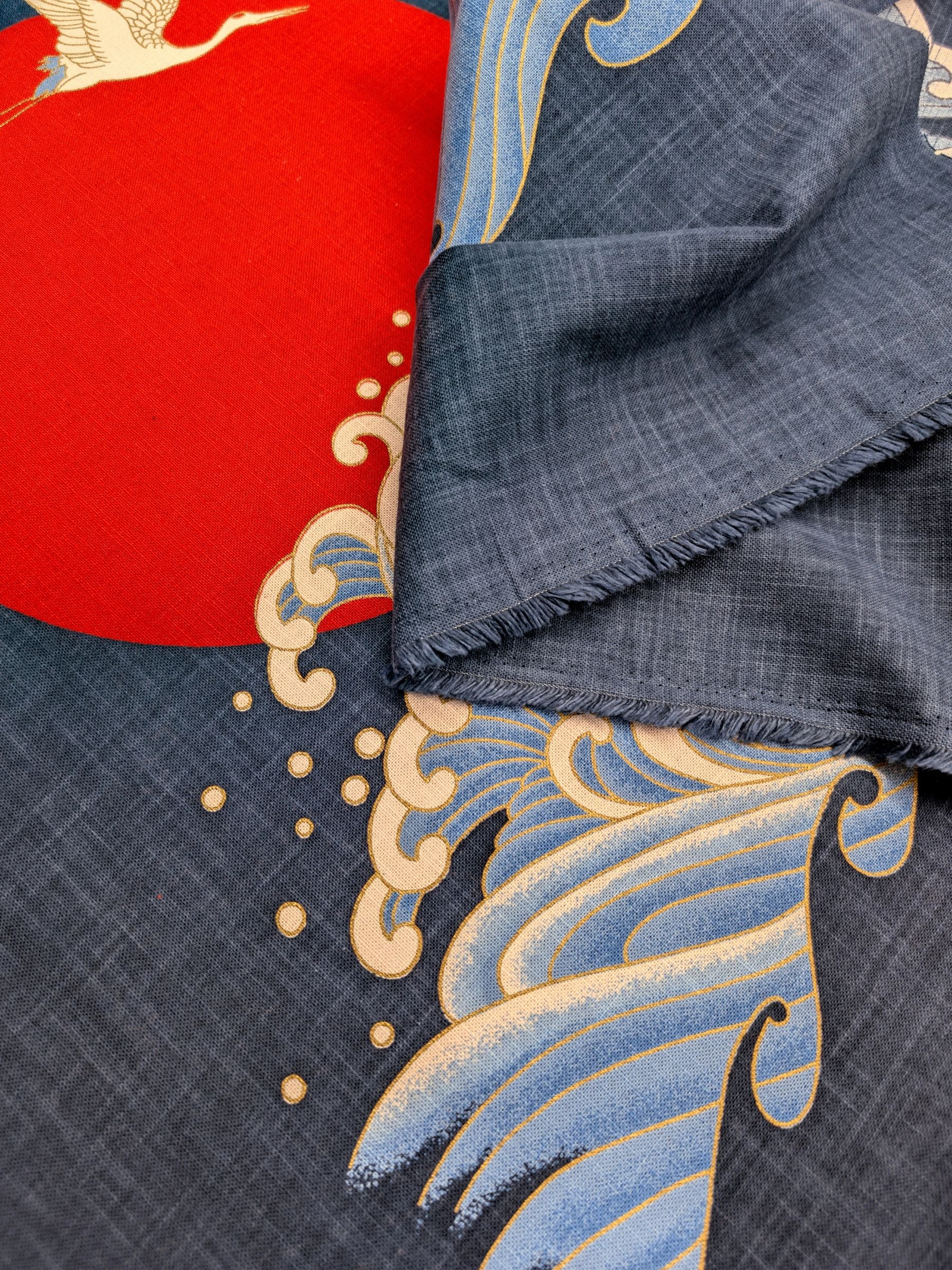 Kurenai - Cranes and Sun Over Waves Noren Panel - Blue