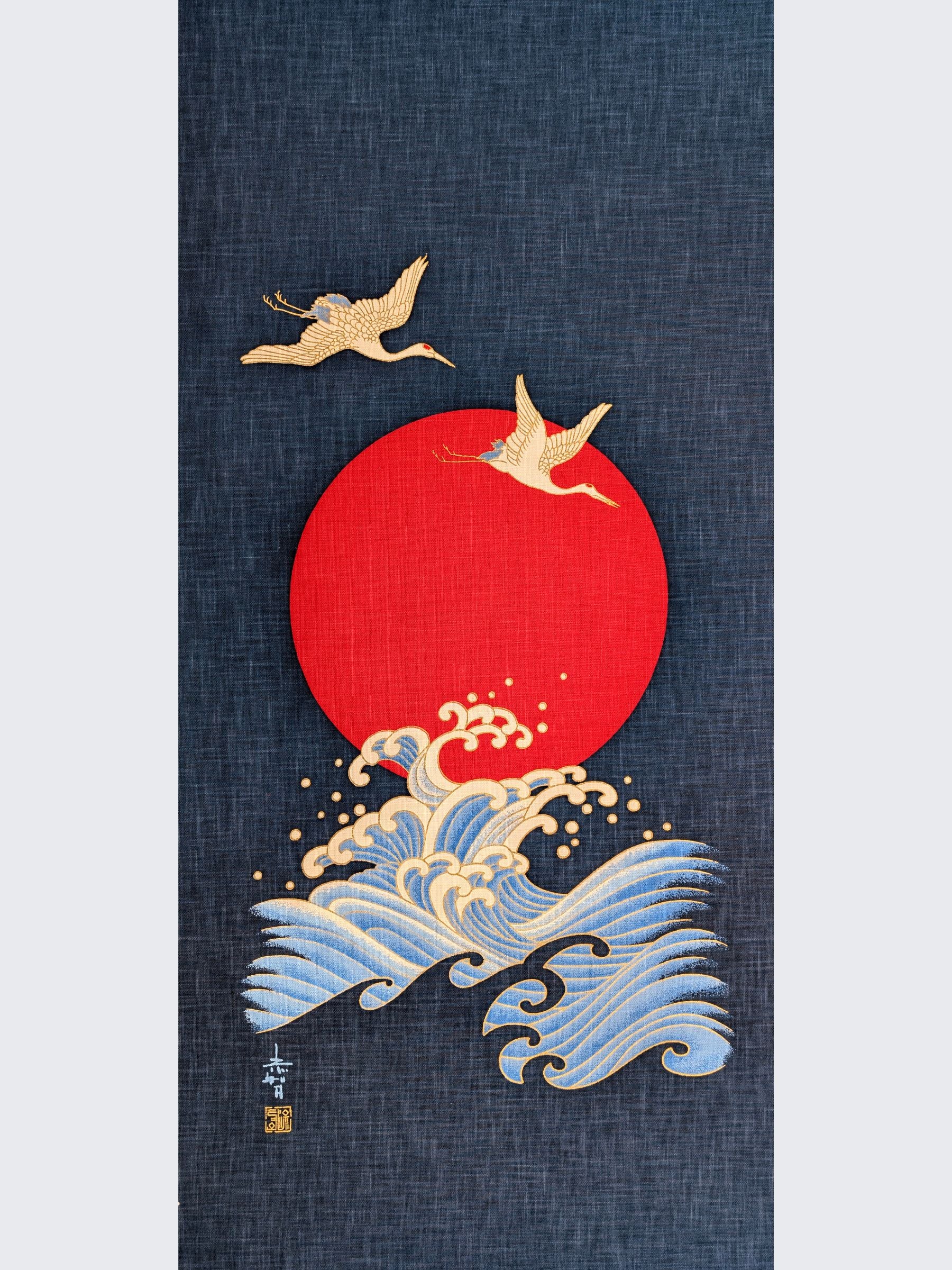 Kurenai - Cranes and Sun Over Waves Noren Panel - Blue