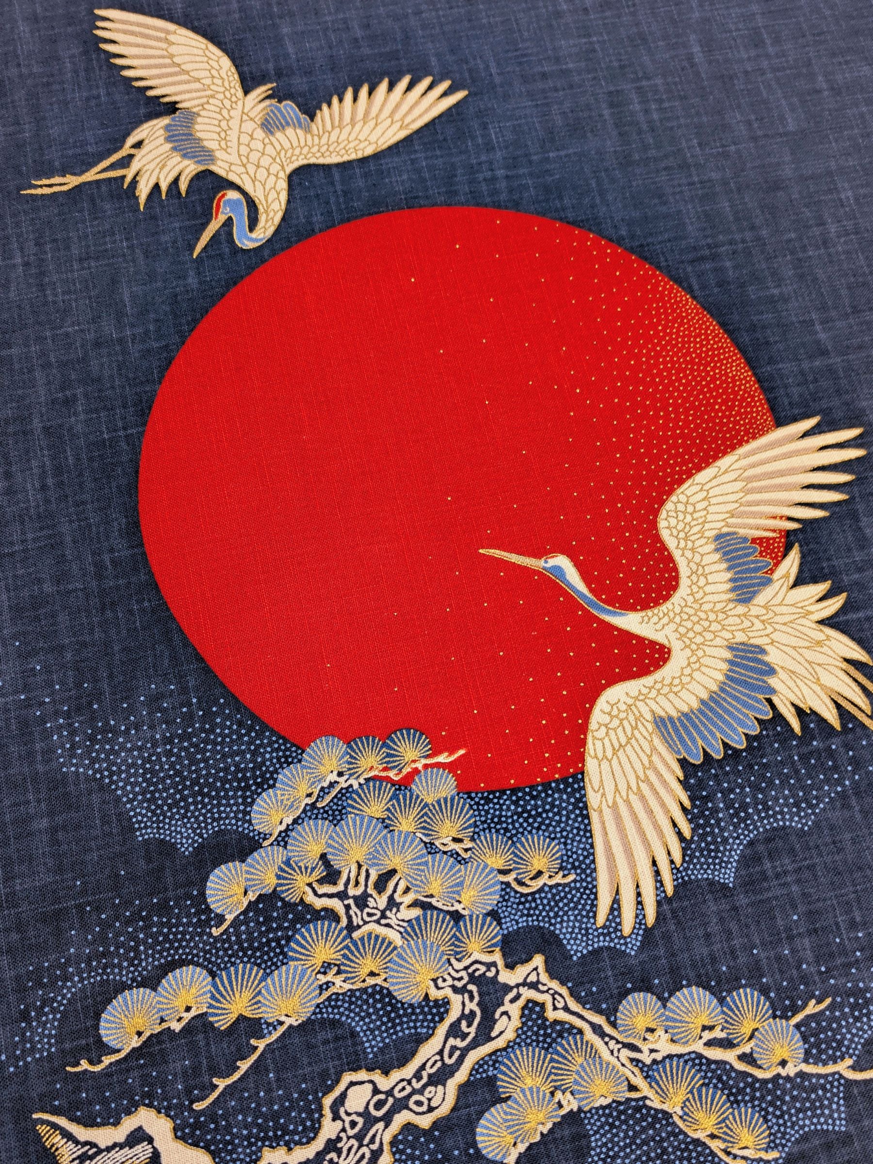 Kurenai - Cranes and Sun Over Pine Noren Panel - Blue