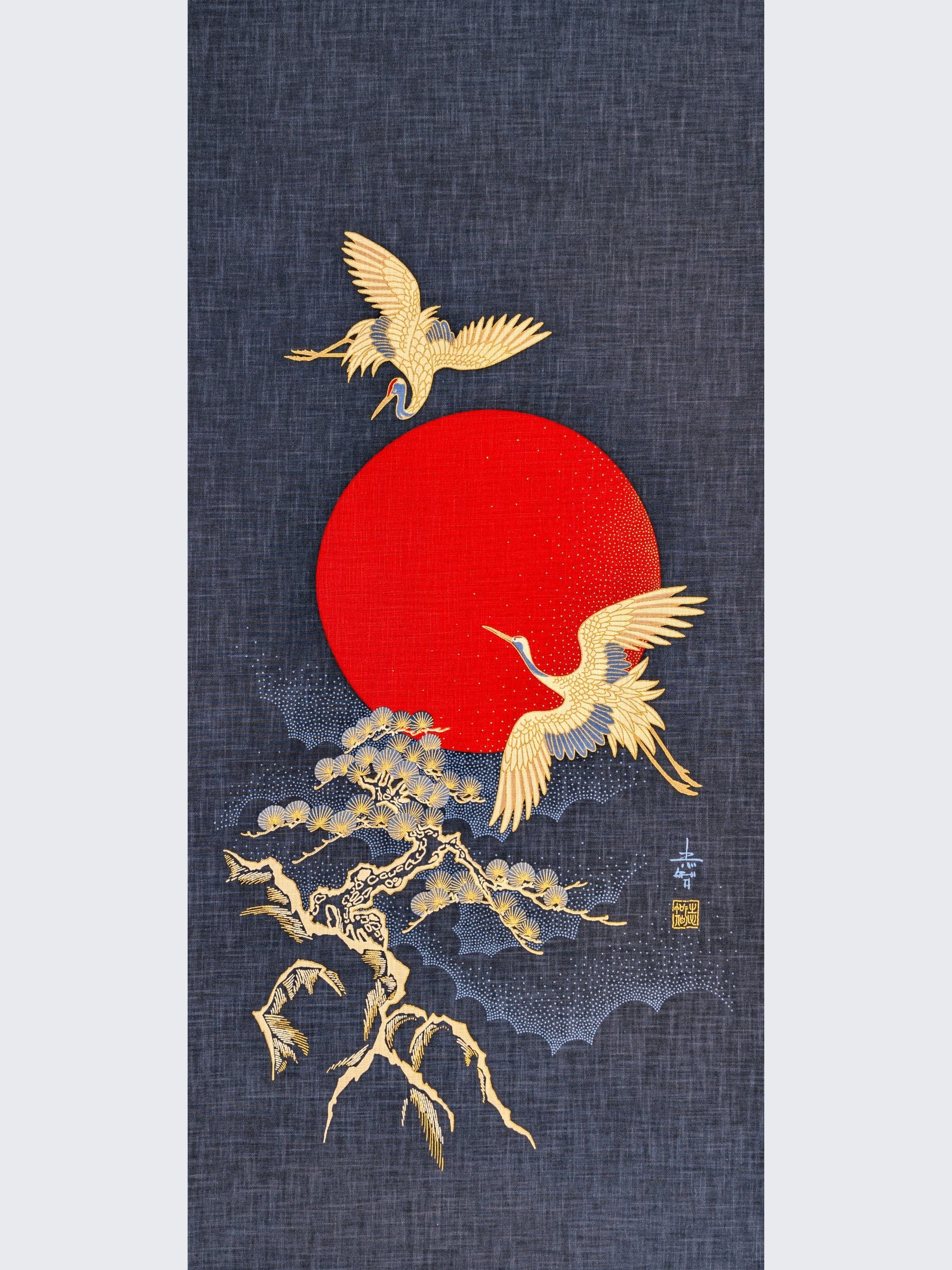 Kurenai - Cranes and Sun Over Pine Noren Panel - Blue