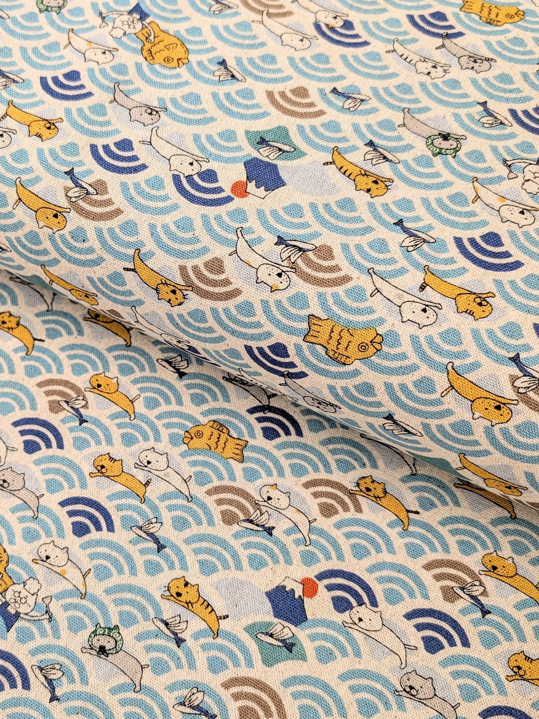 Kobayashi - Flying Cat Waves Cotton/Linen Light Canvas Fabric - Off-White