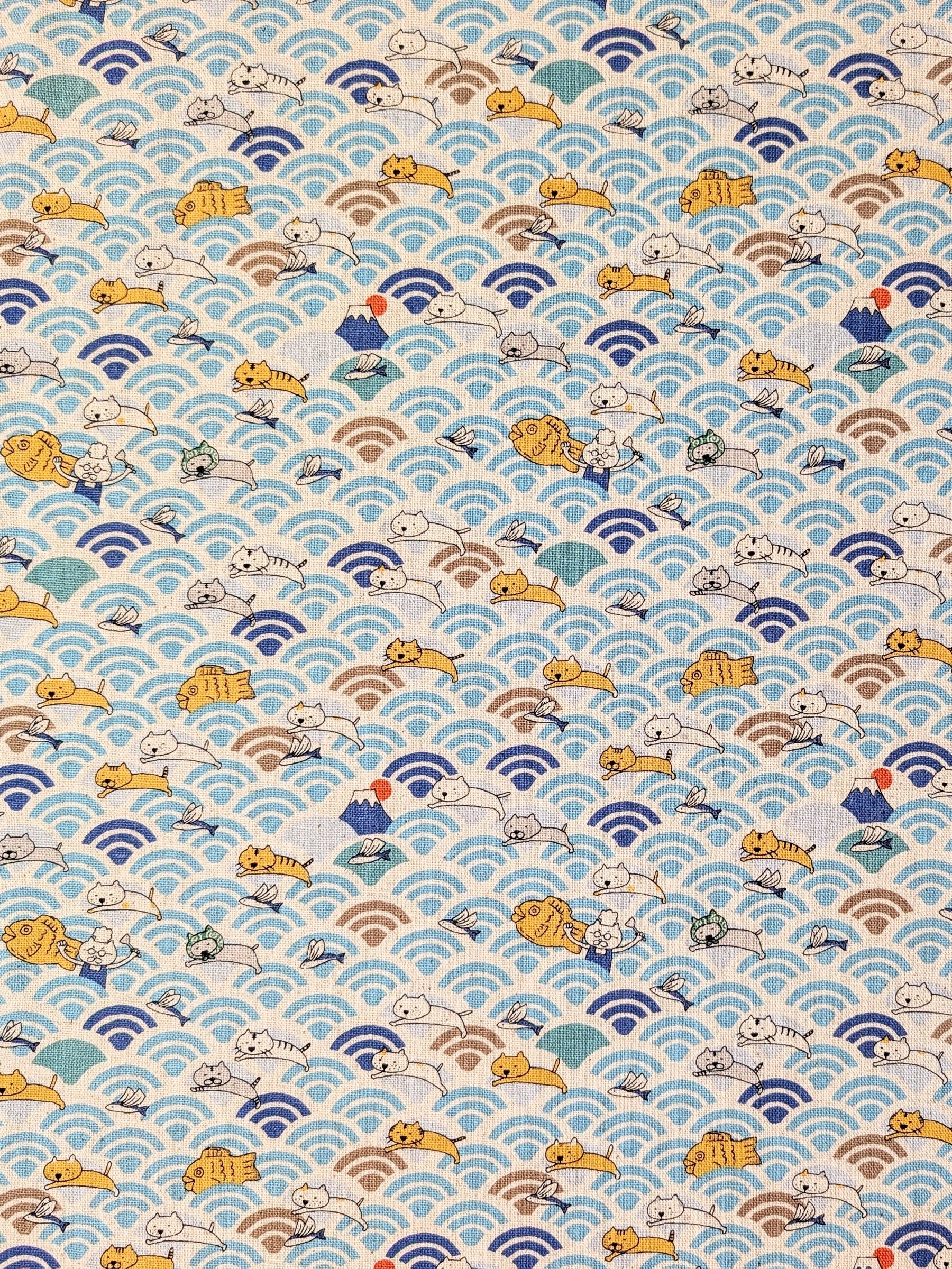 Kobayashi - Flying Cat Waves Cotton/Linen Light Canvas Fabric - Off-White