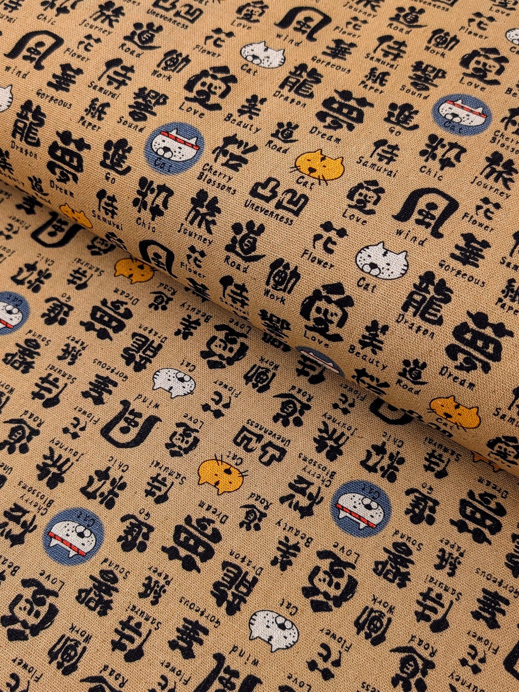 Kobayashi - Kanji Cats Cotton/Linen Light Canvas Fabric - Tan