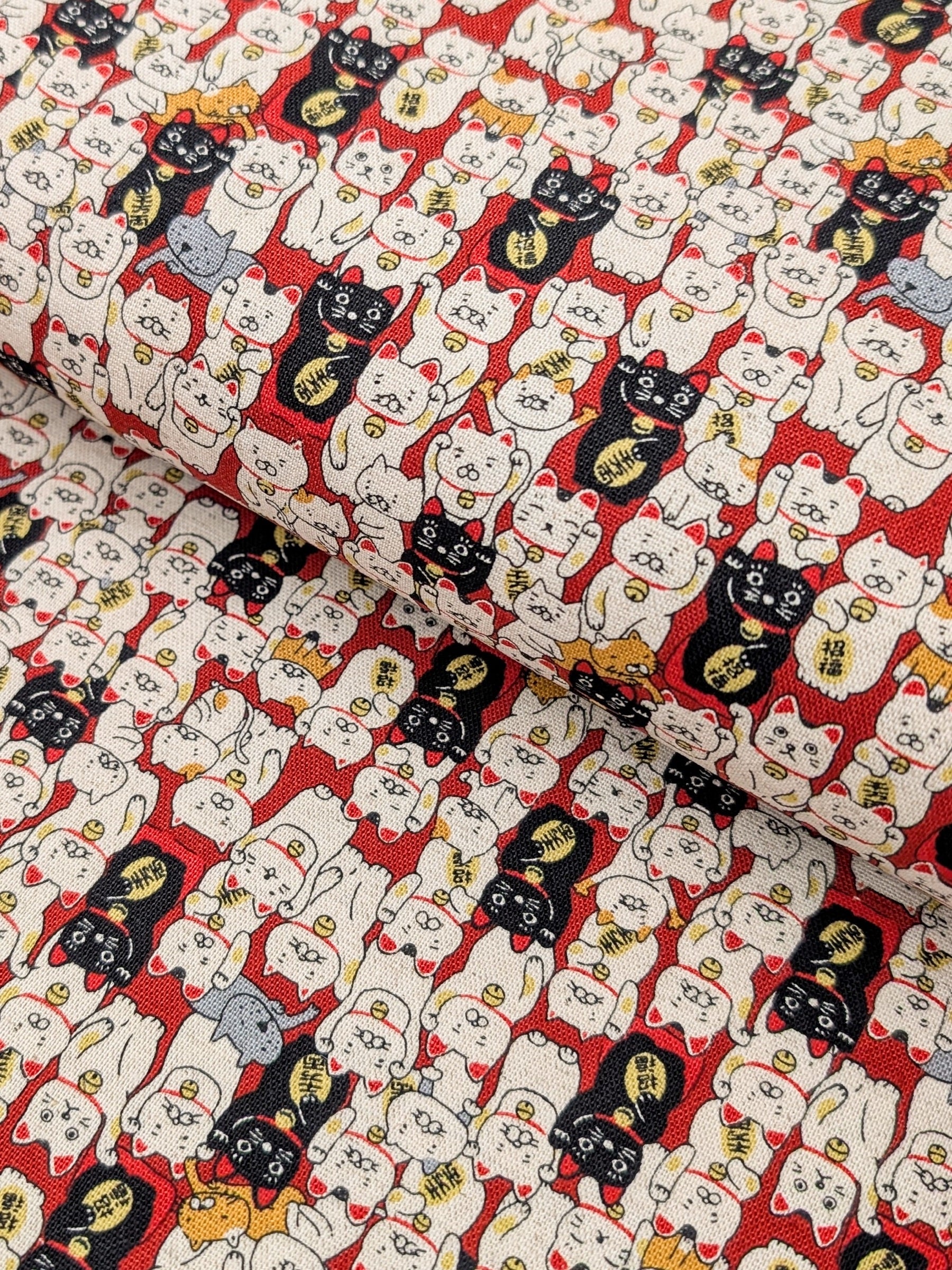 Kobayashi - Little Lucky Cats Cotton/Linen Light Canvas Fabric - Red