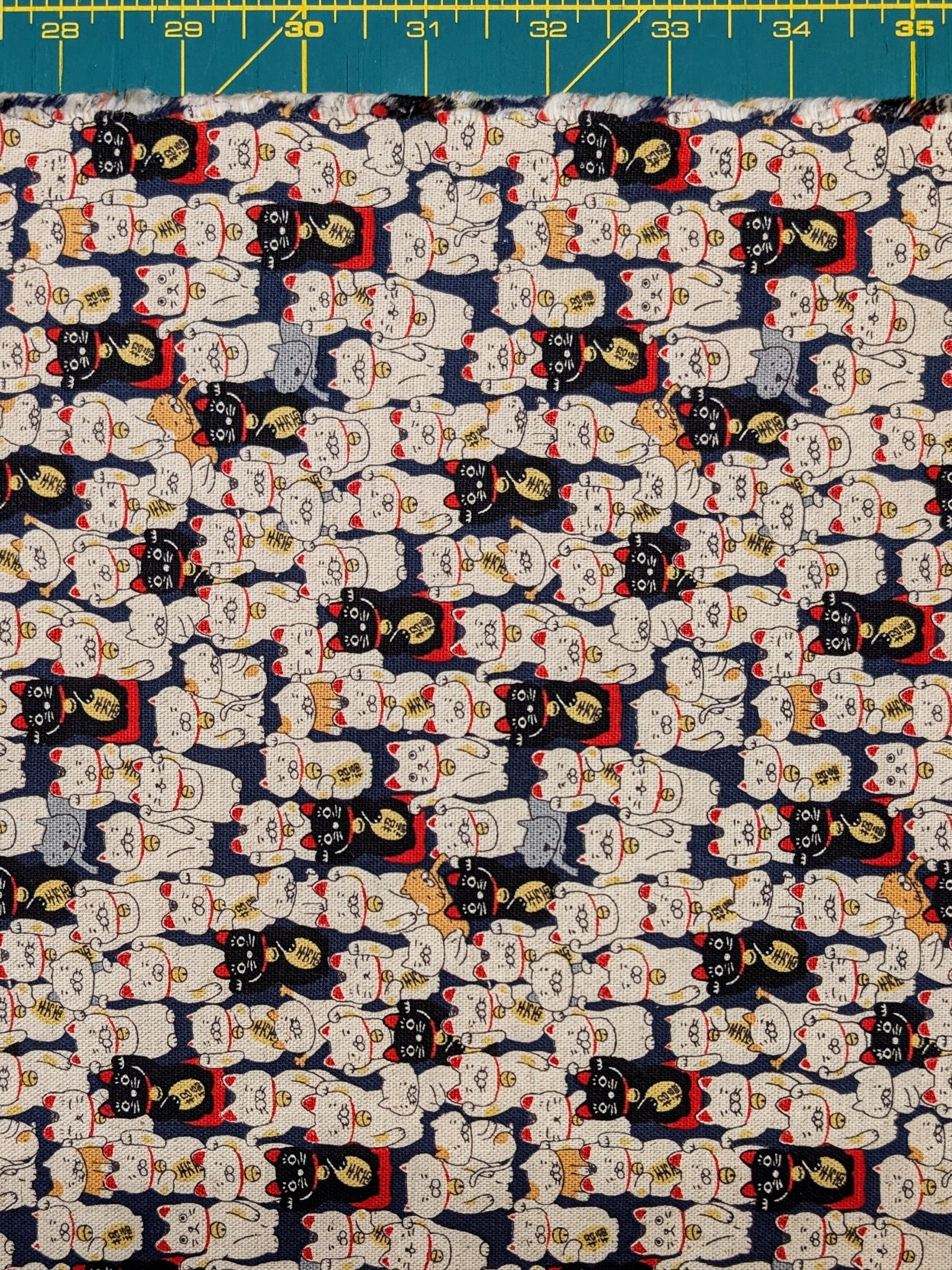 Kobayashi - Little Lucky Cats Cotton/Linen Light Canvas Fabric - Navy Blue