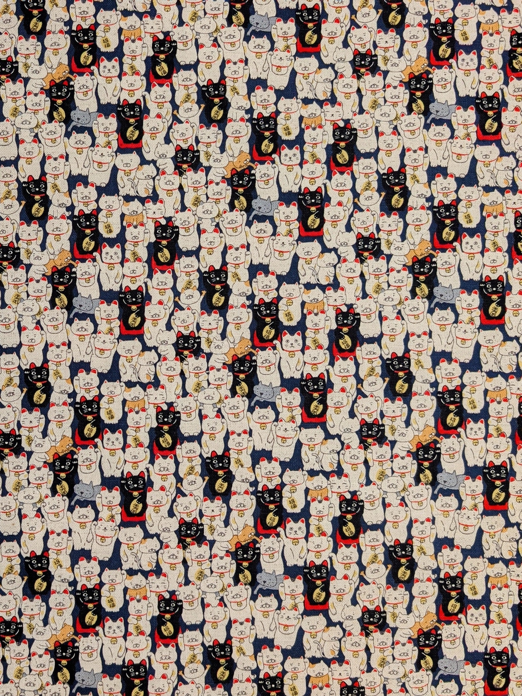 Kobayashi - Little Lucky Cats Cotton/Linen Light Canvas Fabric - Navy Blue