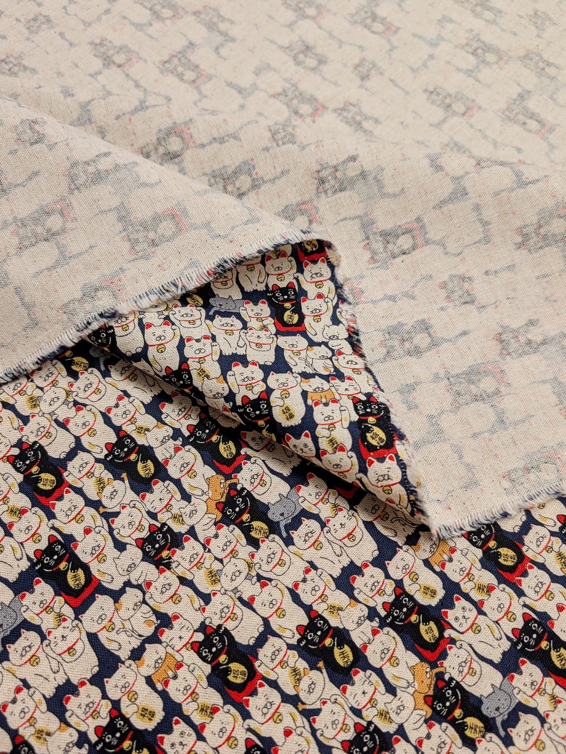 Kobayashi - Little Lucky Cats Cotton/Linen Light Canvas Fabric - Navy Blue