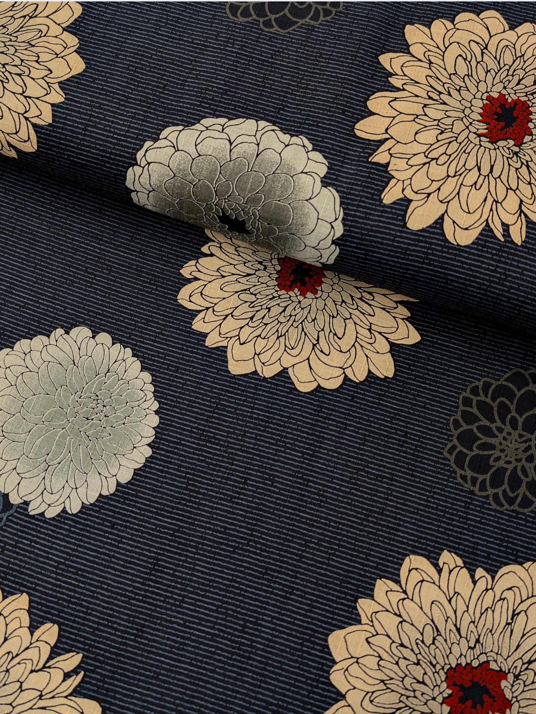 Kobayashi - Japanese Chrysanthemum & Pinstripes Dobby Cotton Fabric - Navy Blue REMNANT