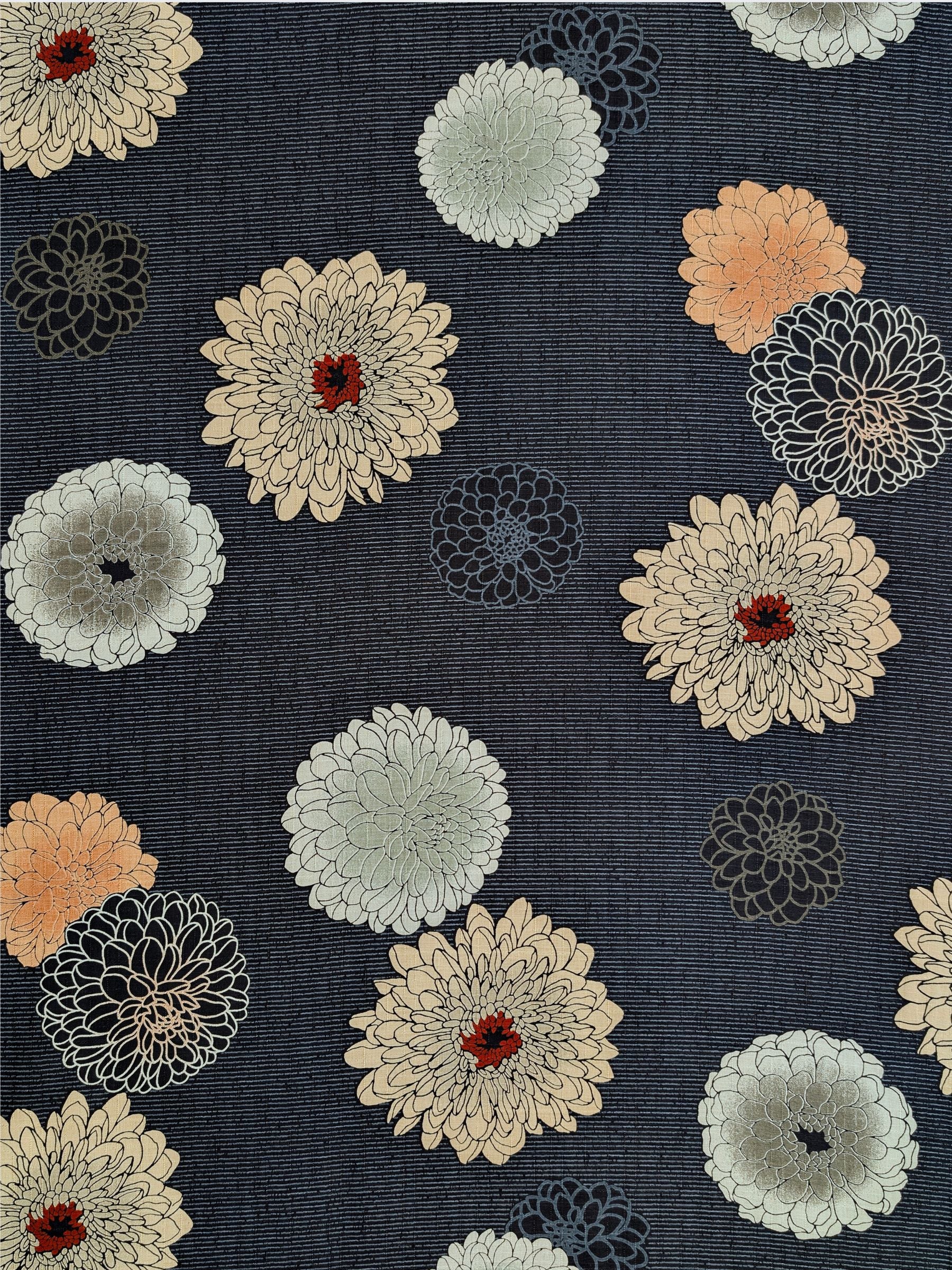 Kobayashi - Japanese Chrysanthemum & Pinstripes Dobby Cotton Fabric - Navy Blue REMNANT
