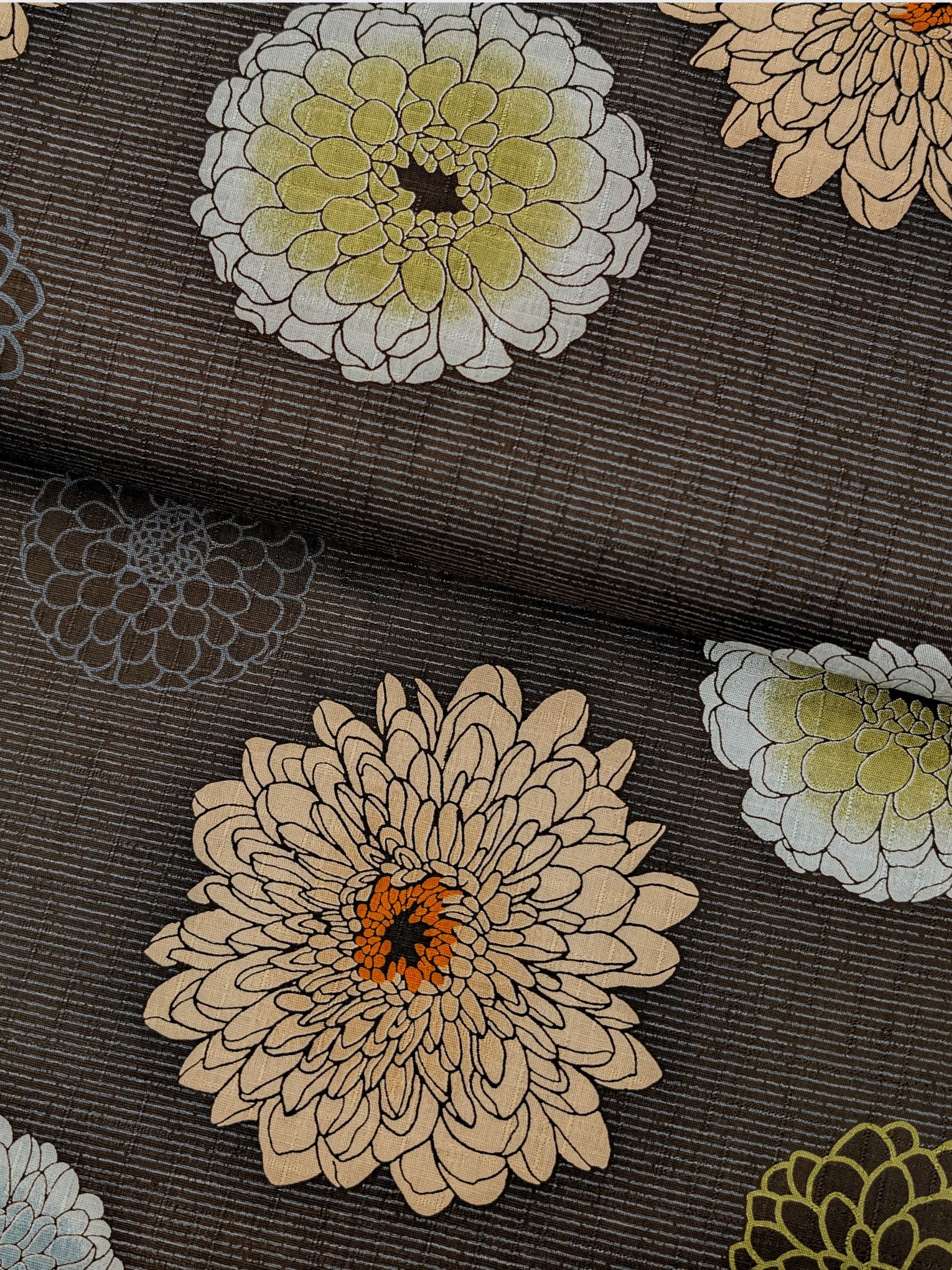 Kobayashi - Japanese Chrysanthemum & Pinstripes Dobby Cotton Fabric - Dark Brown