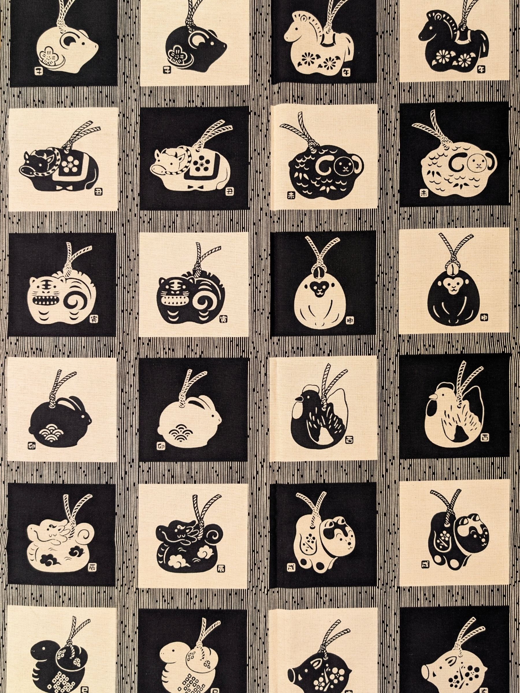 Orimono Imports - Animals of the Zodiac Printed Molly Cotton Fabric Panel - Black