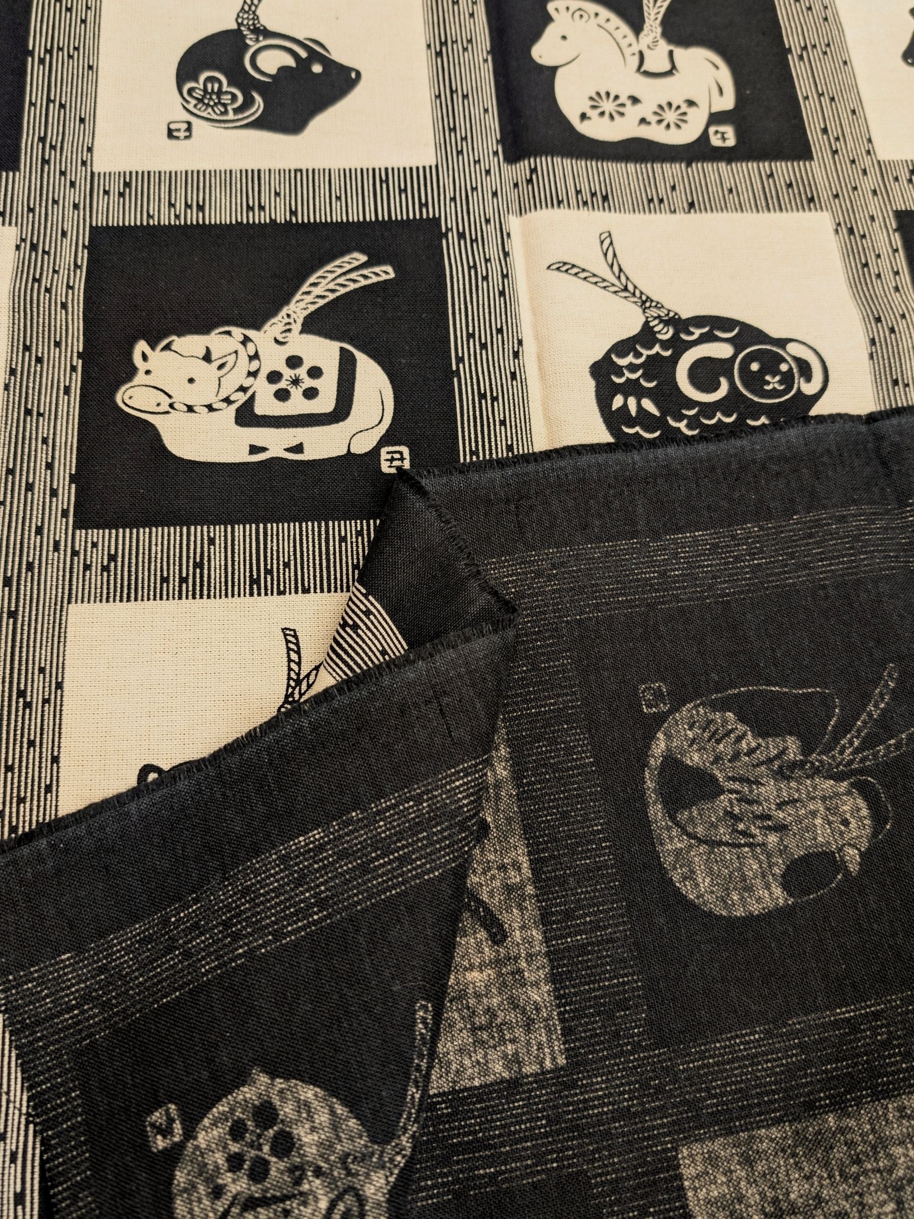 Orimono Imports - Animals of the Zodiac Printed Molly Cotton Fabric Panel - Black