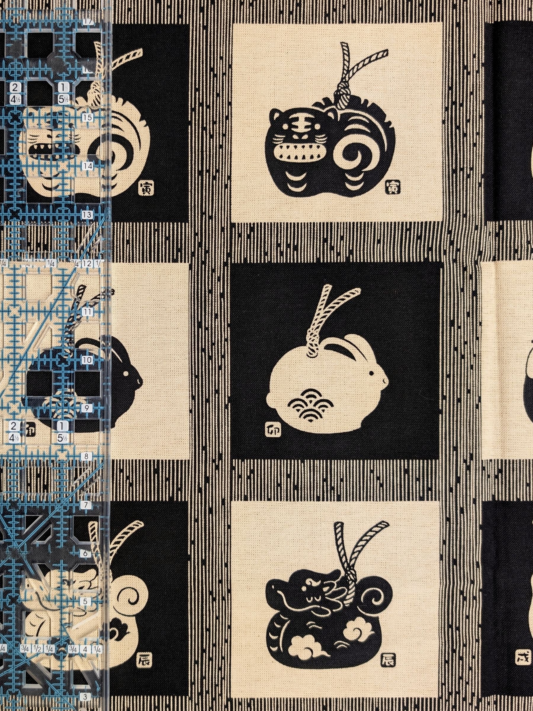 Orimono Imports - Animals of the Zodiac Printed Molly Cotton Fabric Panel - Black