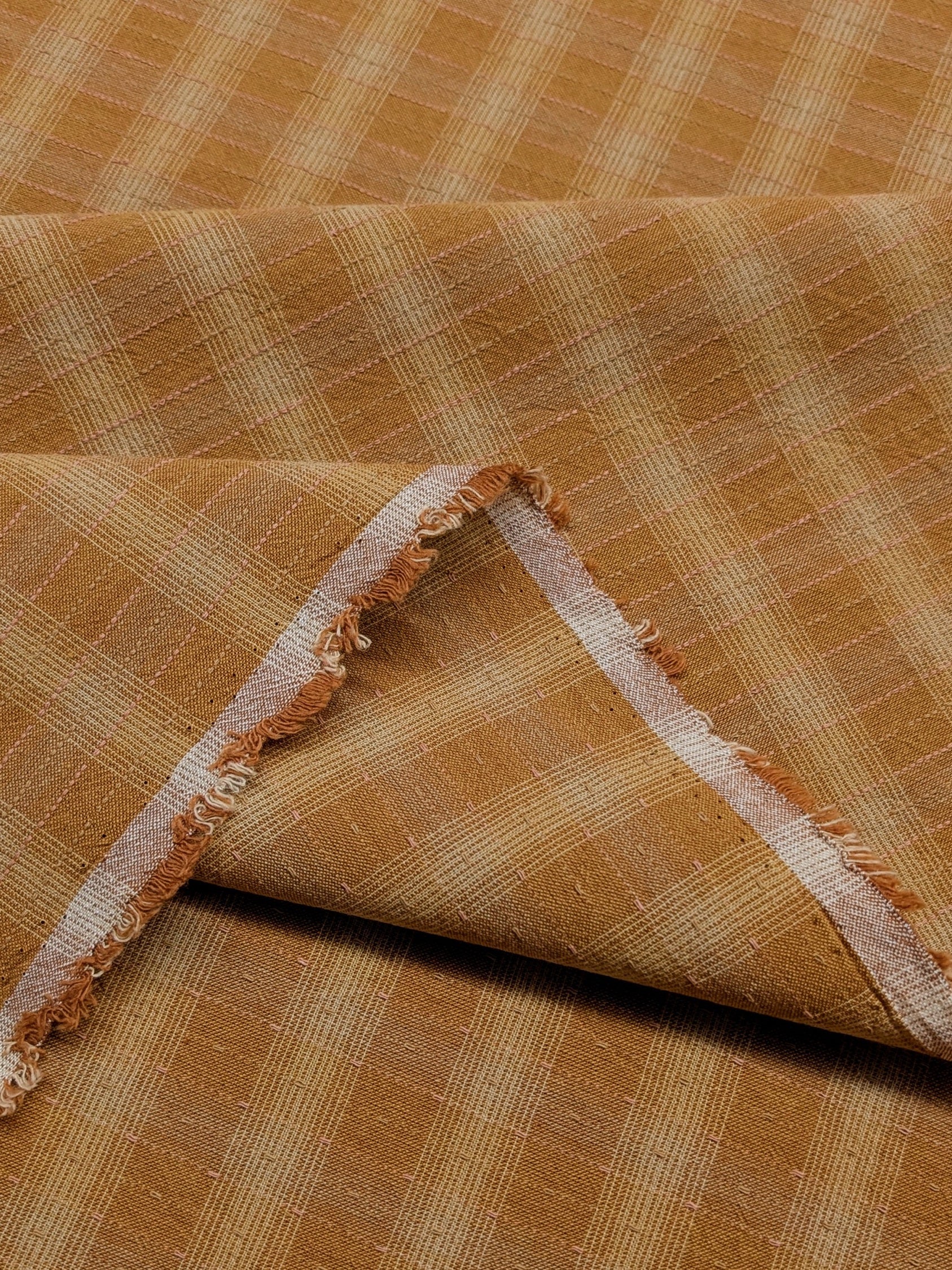 MYD - Dotted Texture Gingham Plaid Yarn Dyed Cotton Fabric - Marigold and Cream