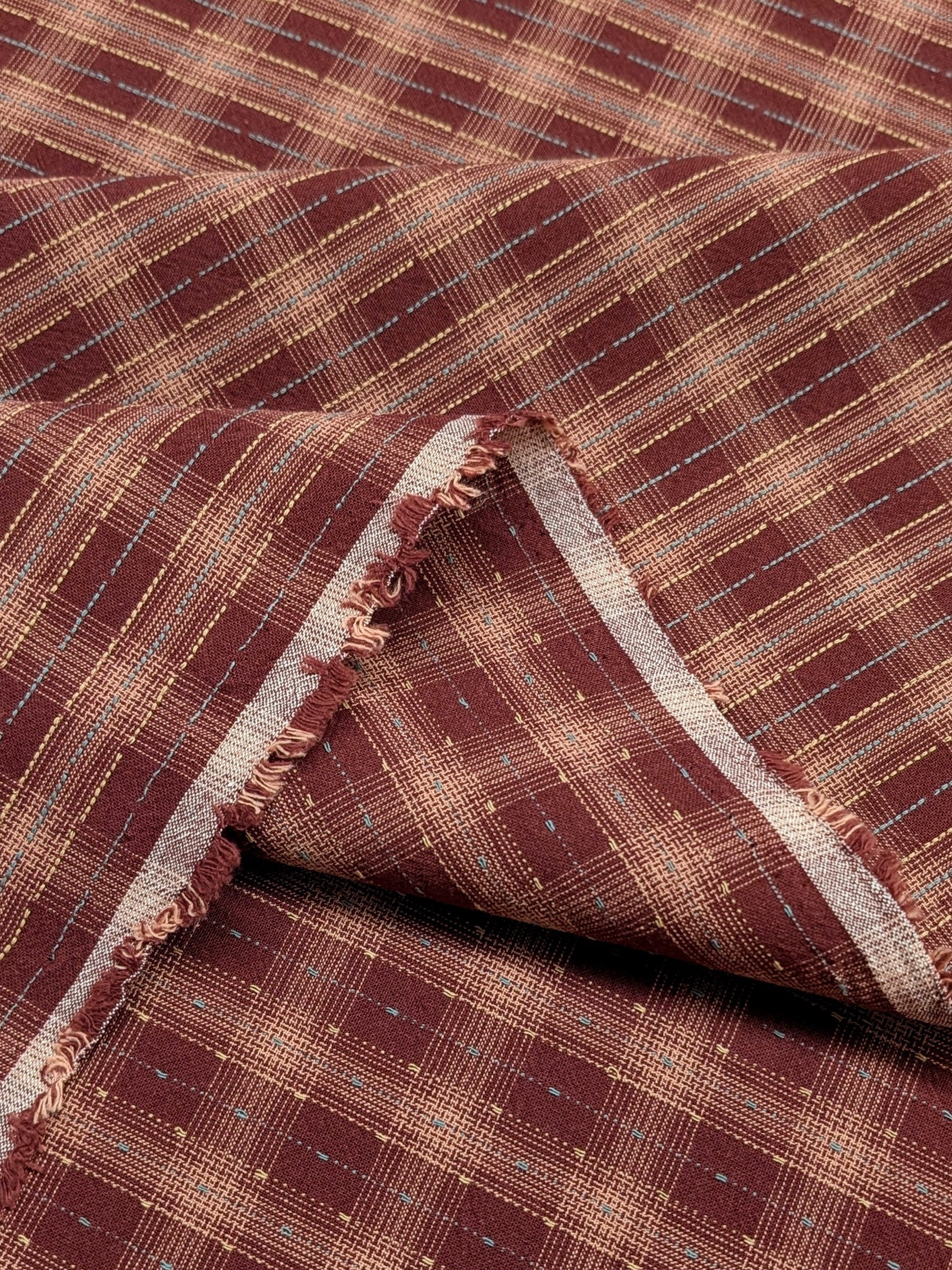 MYD - Dotted Texture Cotton Gingham Plaid Yarn Dyed Fabric - Burgundy and Pink