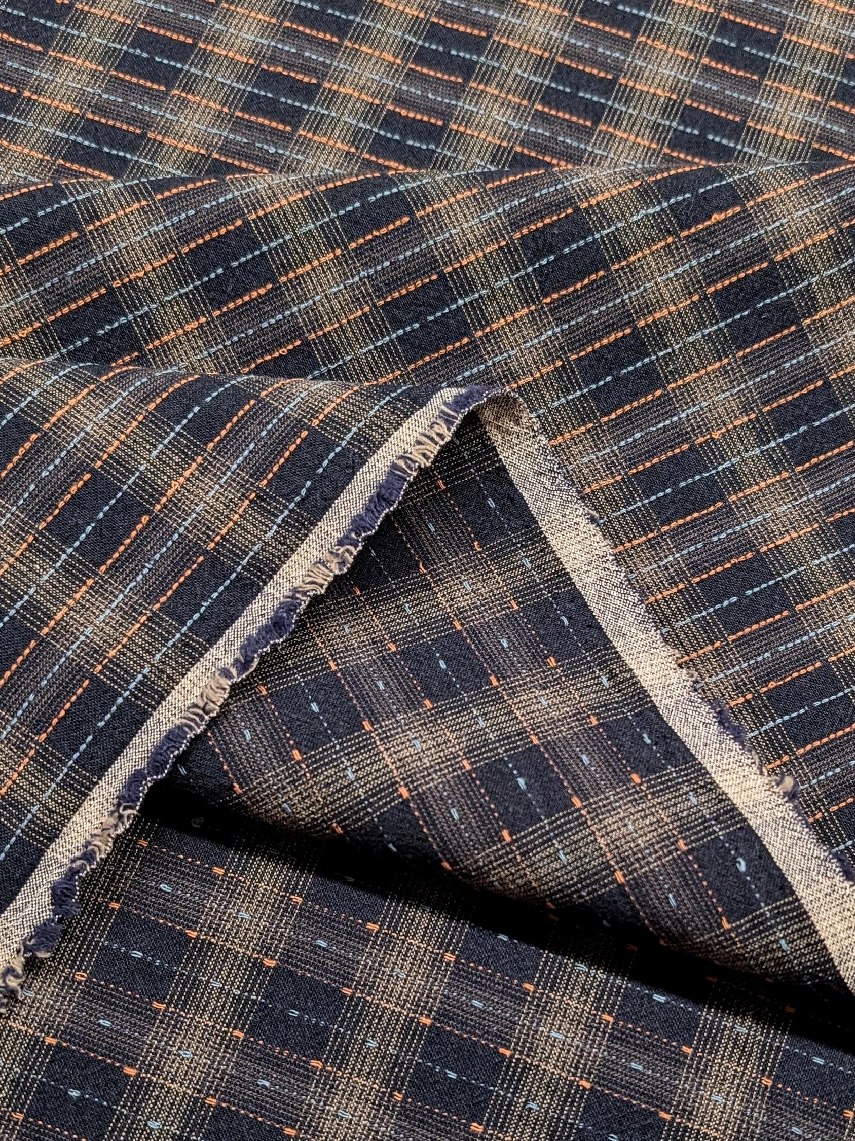 MYD - Dotted Texture Gingham Plaid Yarn Dyed Cotton Fabric - Navy and Grey
