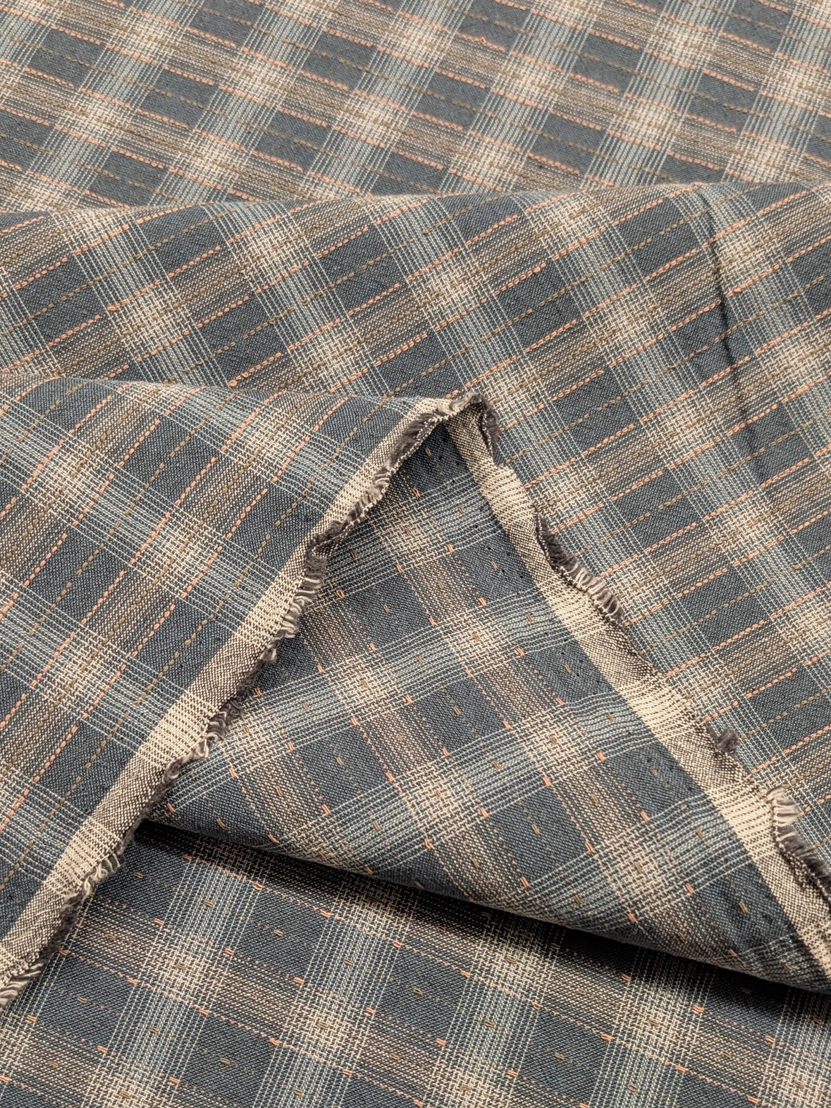 MYD - Dotted Texture Gingham Plaid Yarn Dyed Cotton Fabric - Medium Blue and Cream