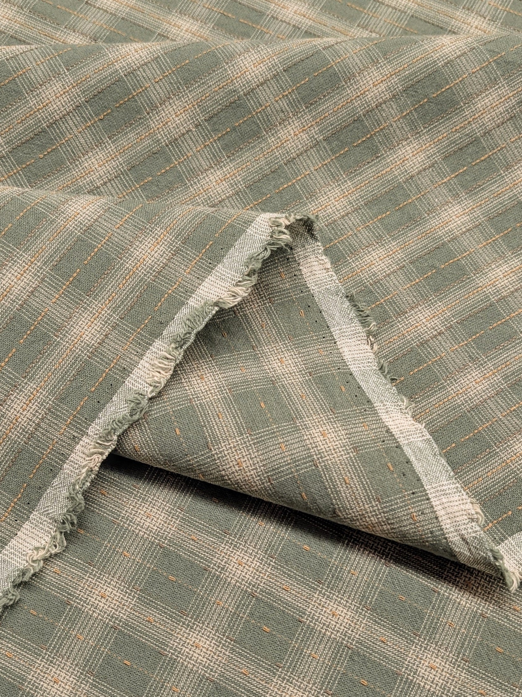 MYD - Dotted Texture Gingham Plaid Yarn Dyed Cotton Fabric - Forest Green and Cream