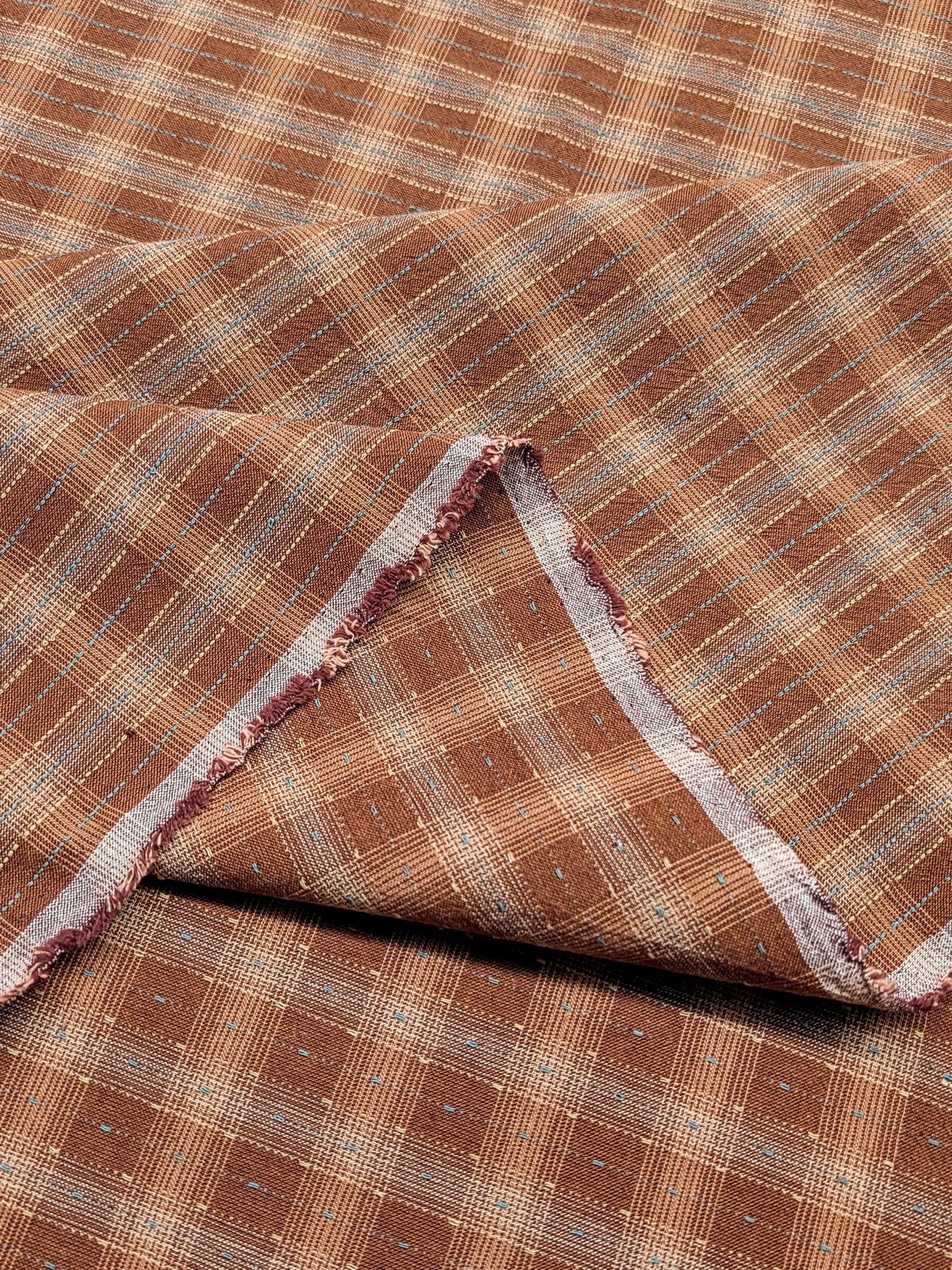 MYD - Dotted Texture Gingham Plaid Yarn Dyed Cotton Fabric - Brick and Cream
