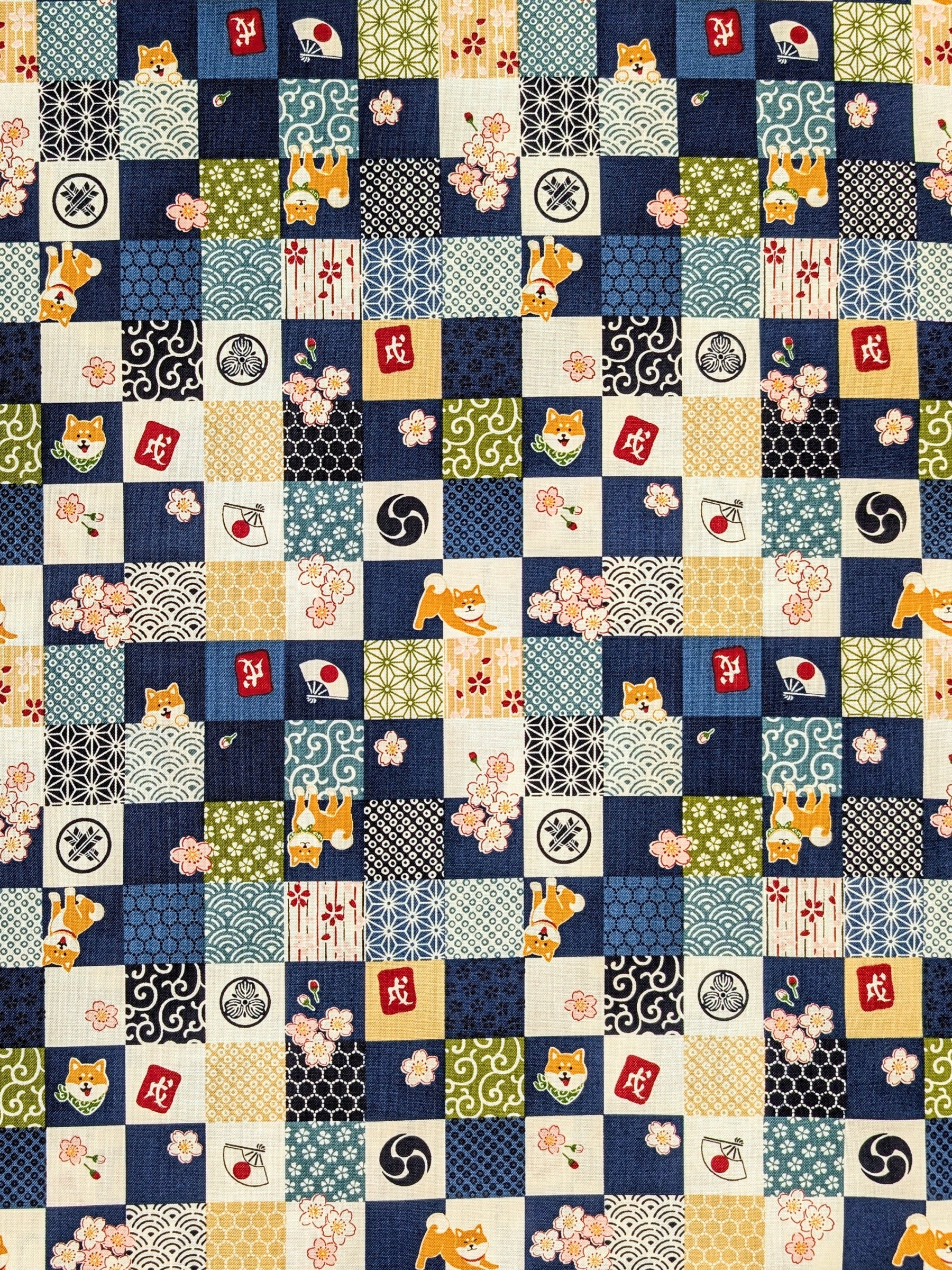 Cosmo - Checkerboard Shibas Cotton Sheeting - Blue