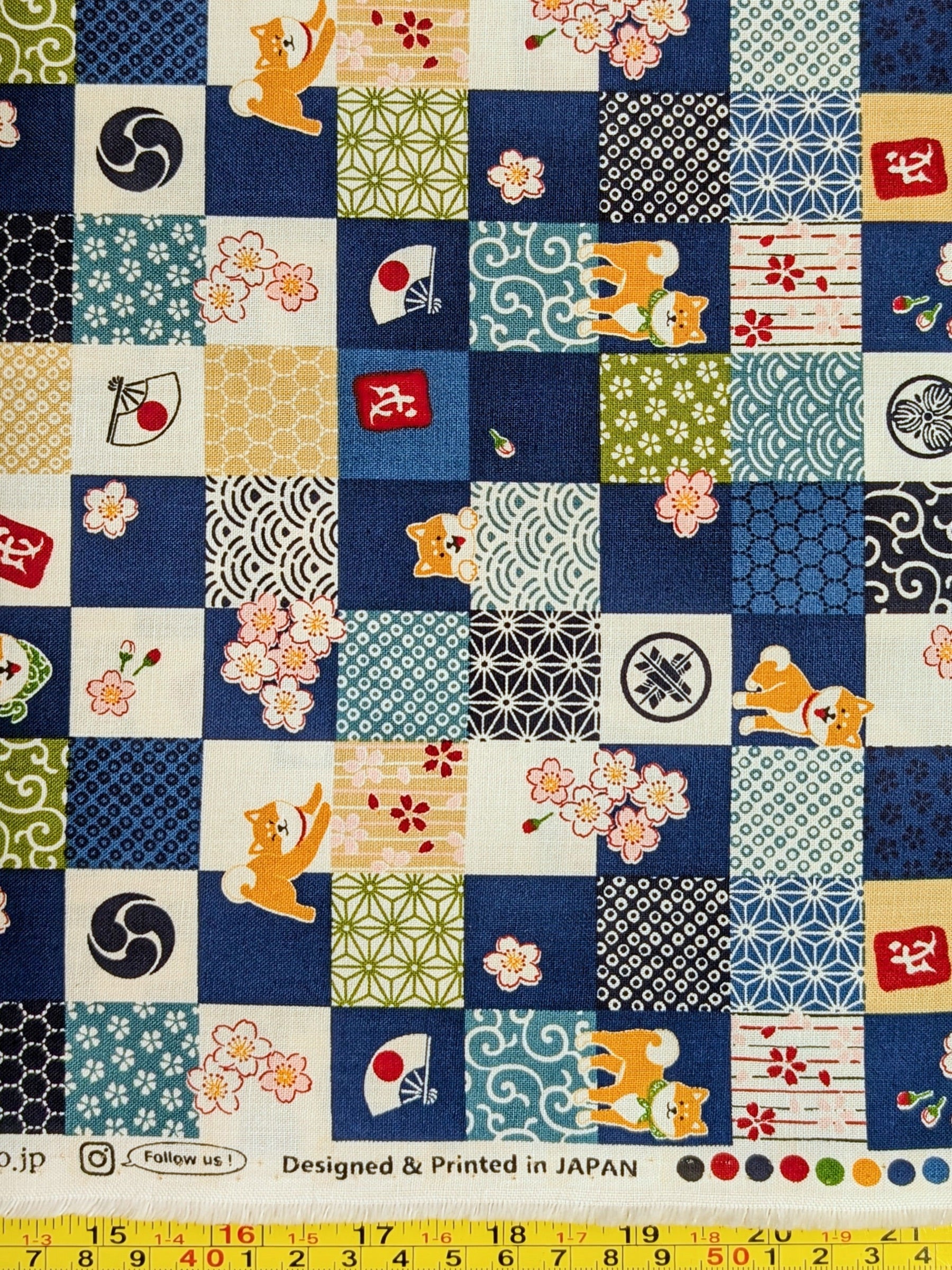 Cosmo - Checkerboard Shibas Cotton Sheeting - Blue