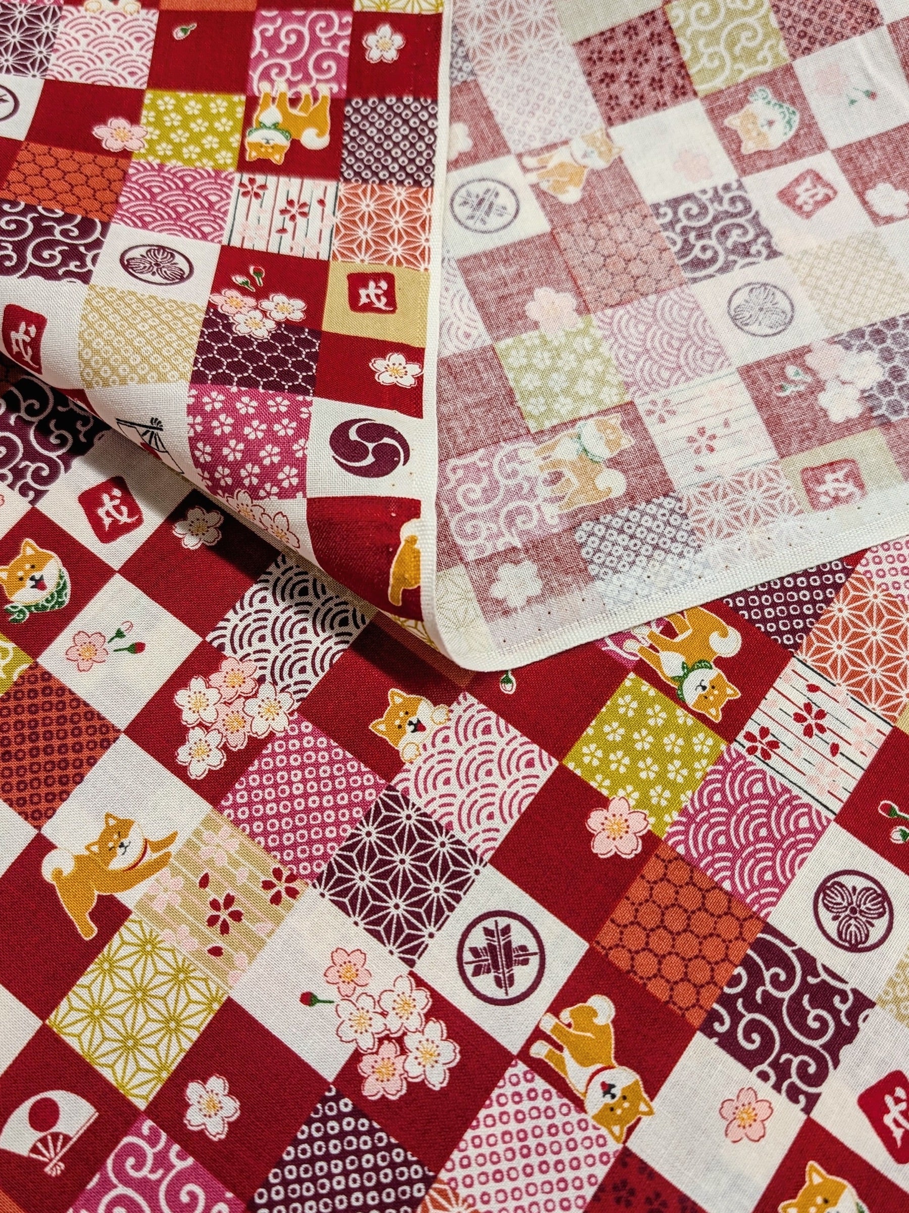 Cosmo - Checkerboard Shibas Cotton Sheeting - Red