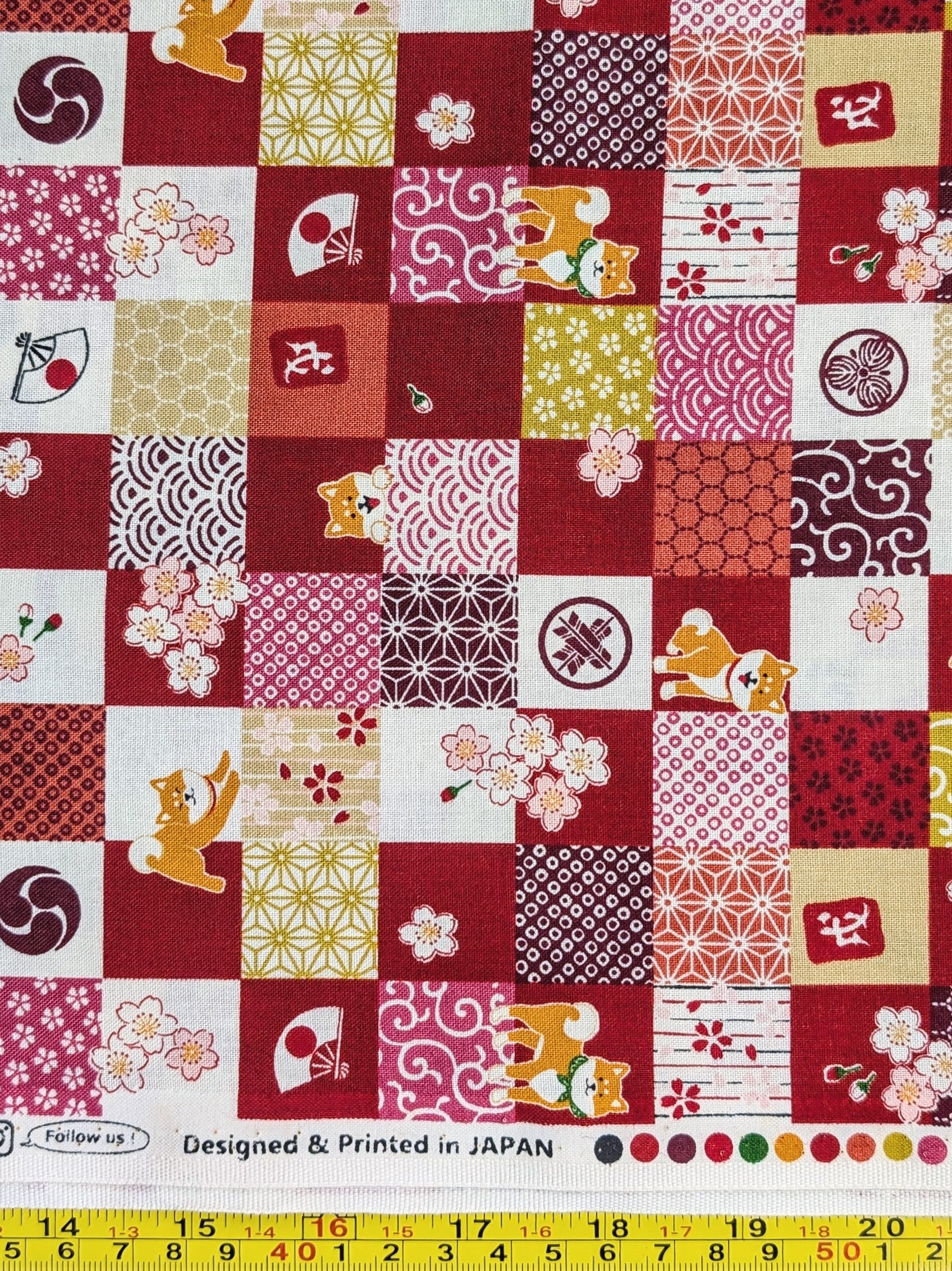 Cosmo - Checkerboard Shibas Cotton Sheeting - Red