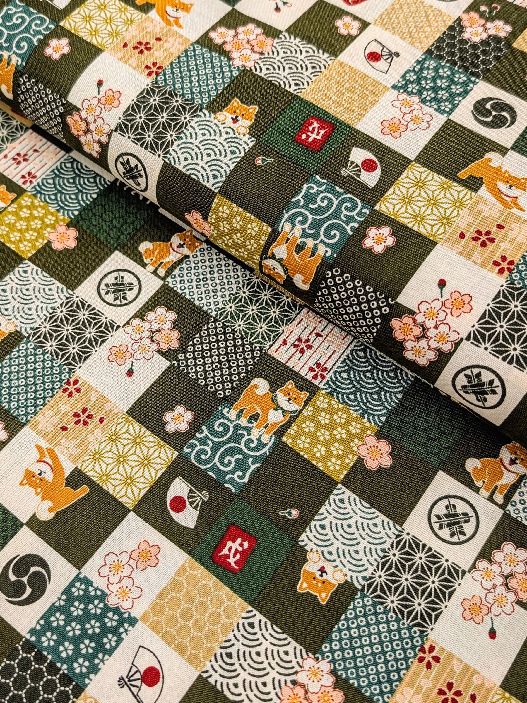 Cosmo - Checkerboard Shibas Cotton Sheeting - Green