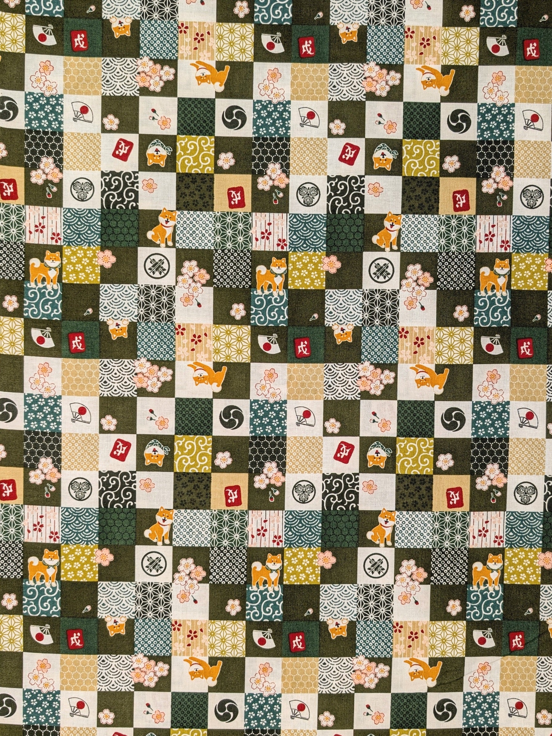 Cosmo - Checkerboard Shibas Cotton Sheeting - Green