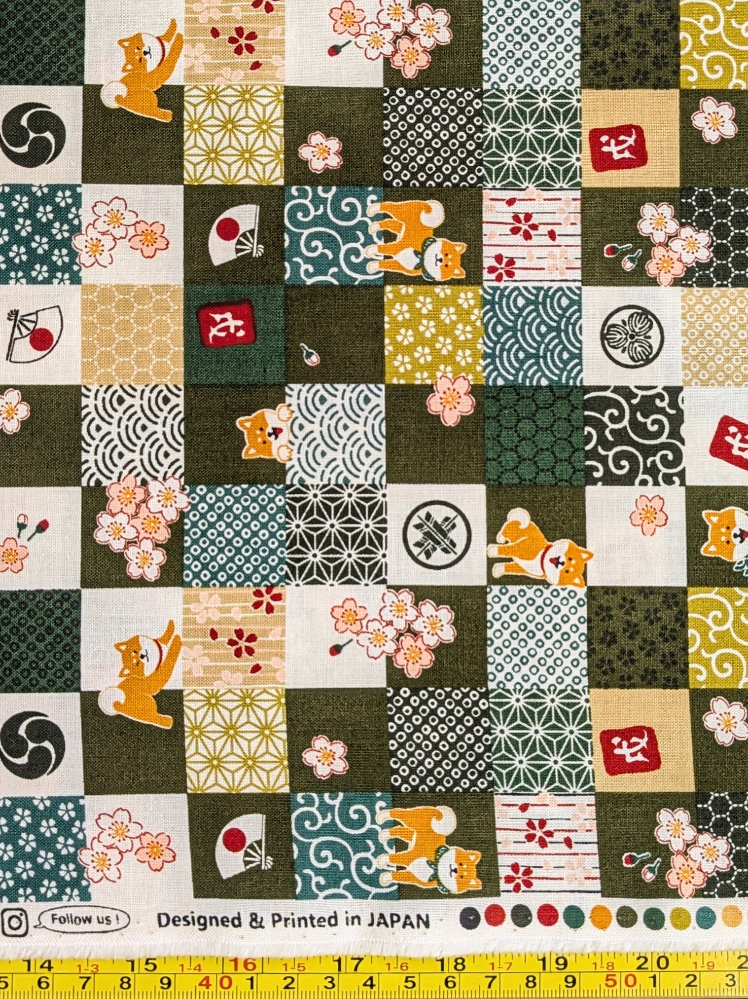 Cosmo - Checkerboard Shibas Cotton Sheeting - Green