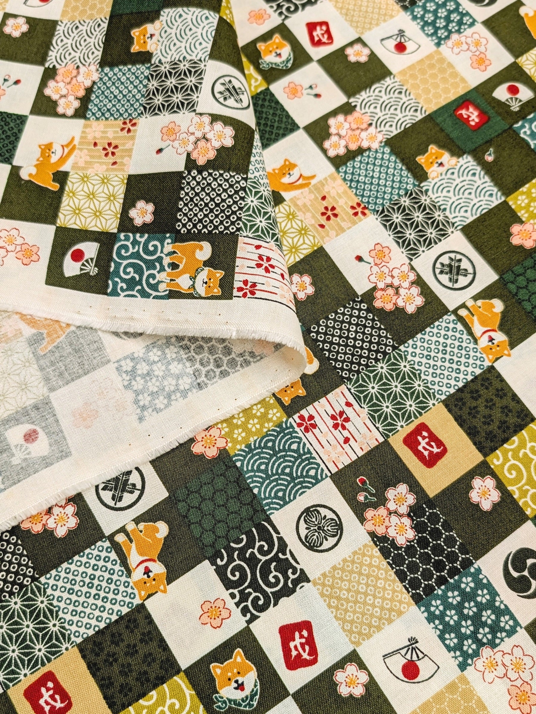 Cosmo - Checkerboard Shibas Cotton Sheeting - Green