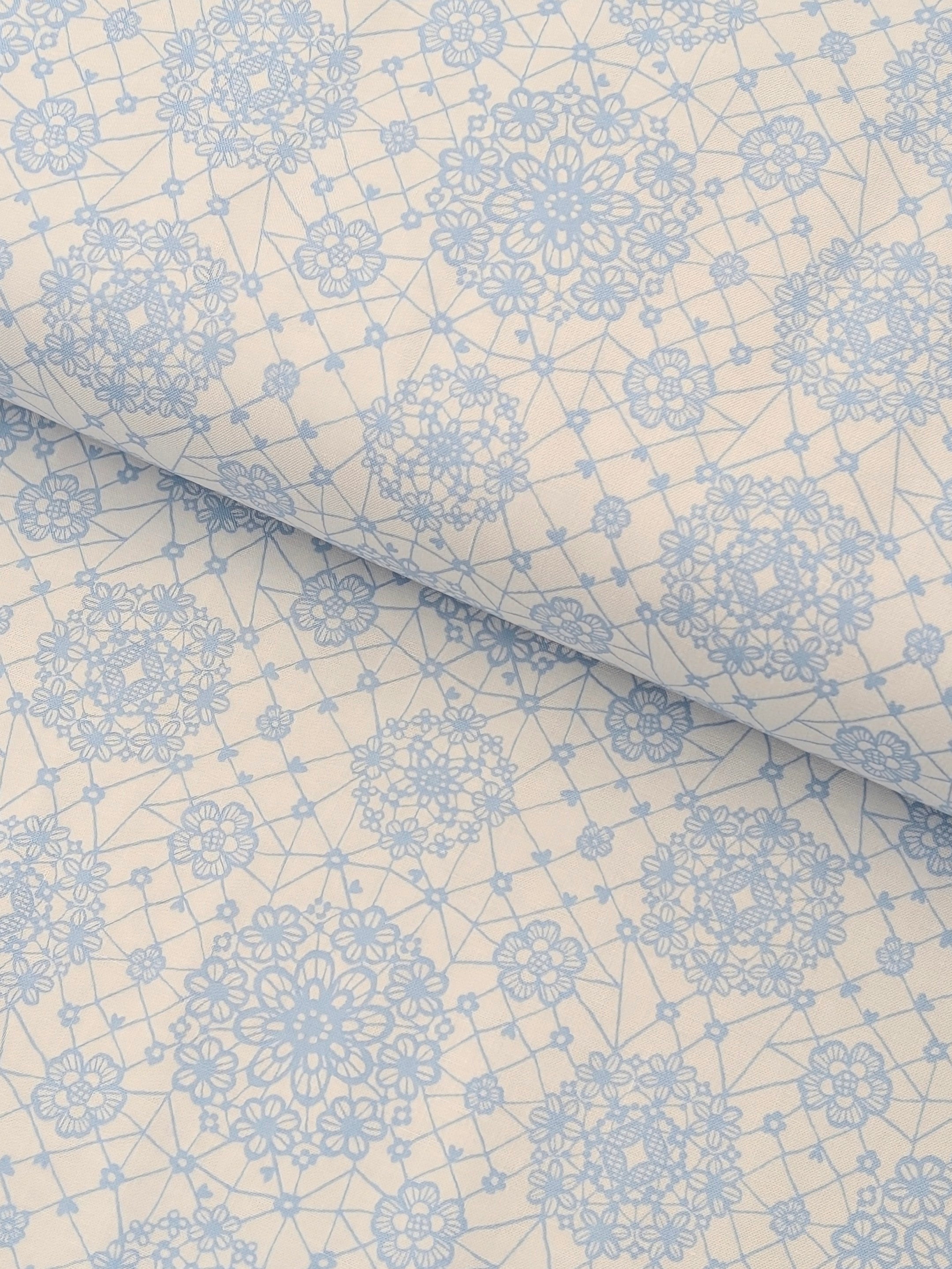 Yuwa -Floral Lace Print Cotton Fabric - Light BLue