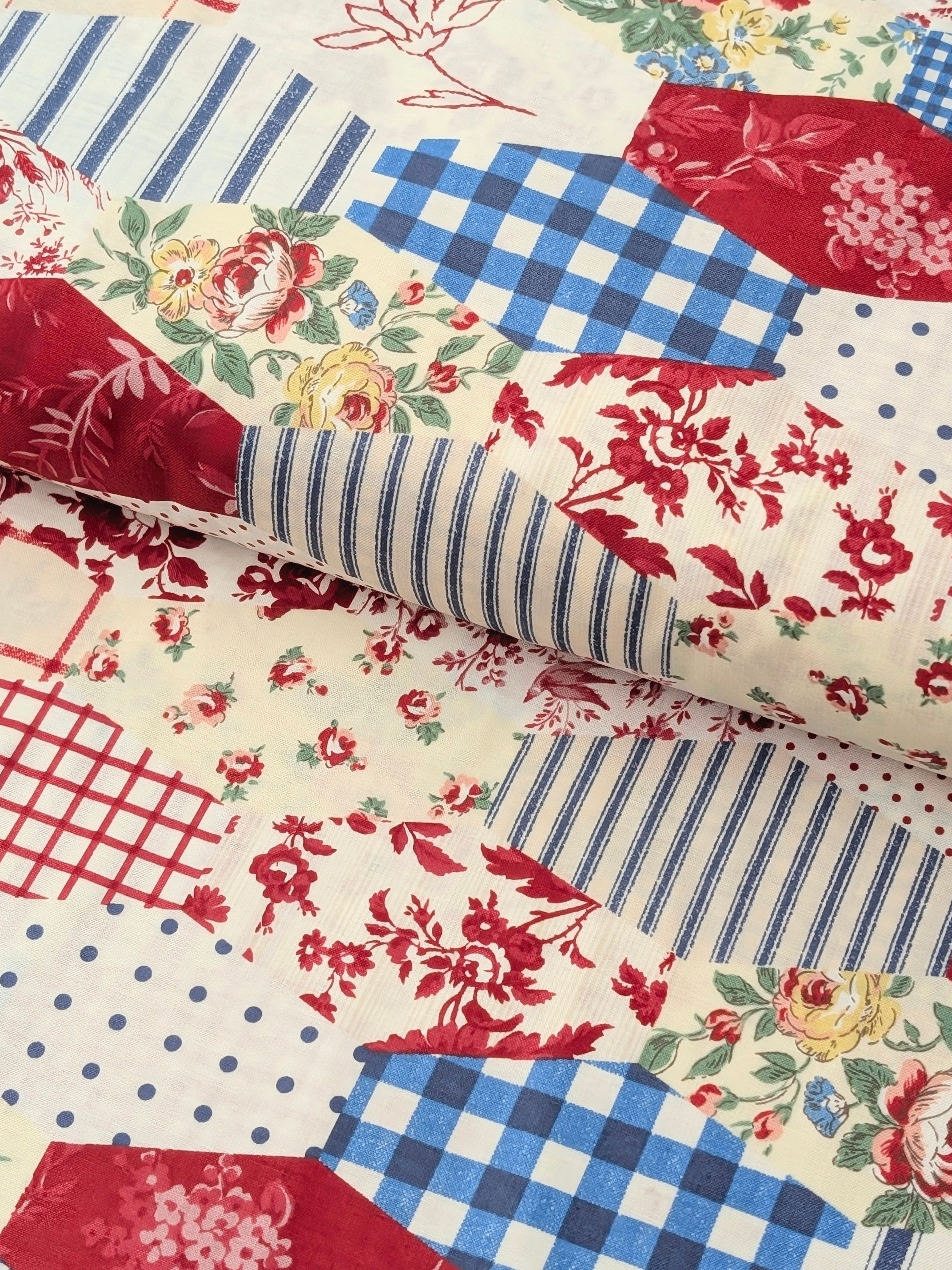 Yuwa - Patchwork Quilt Printed Cotton Fabric - Red, White & Blue