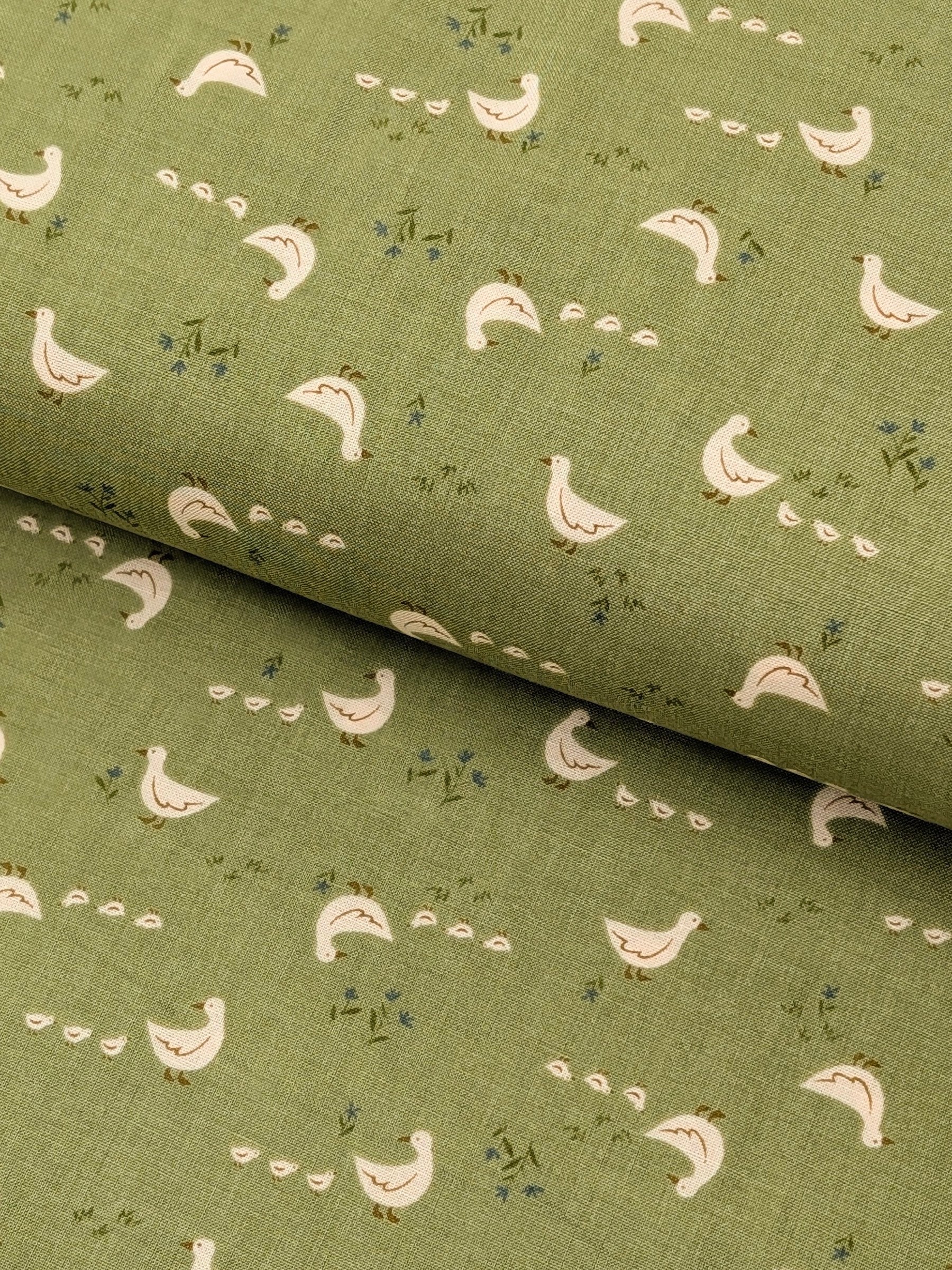 Vancet - Farmyard Ducks Feed Sack Print Cotton Fabric - Green